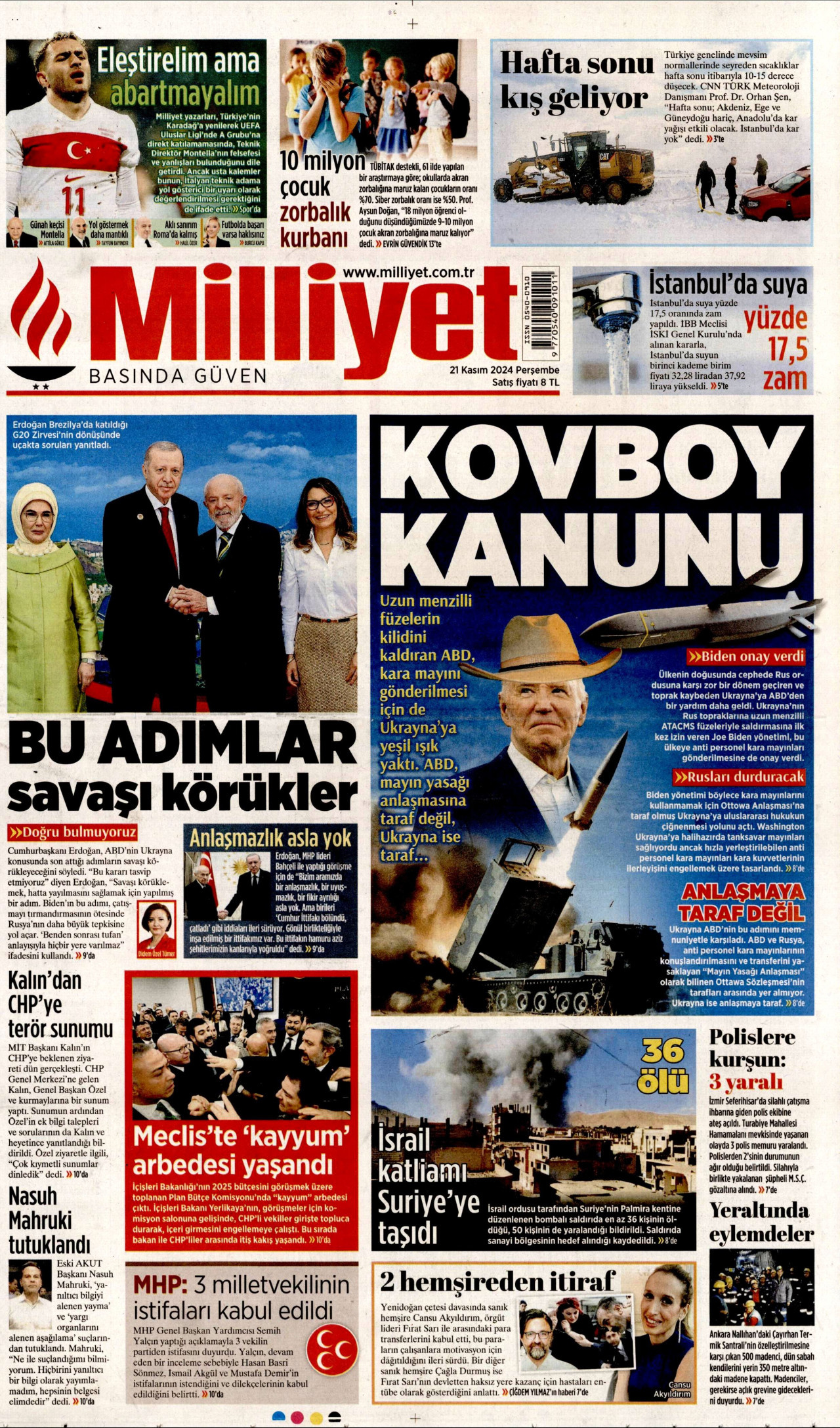 MİLLİYET gazetesinin 21 Kasım 2024 tarihli birinci sayfası