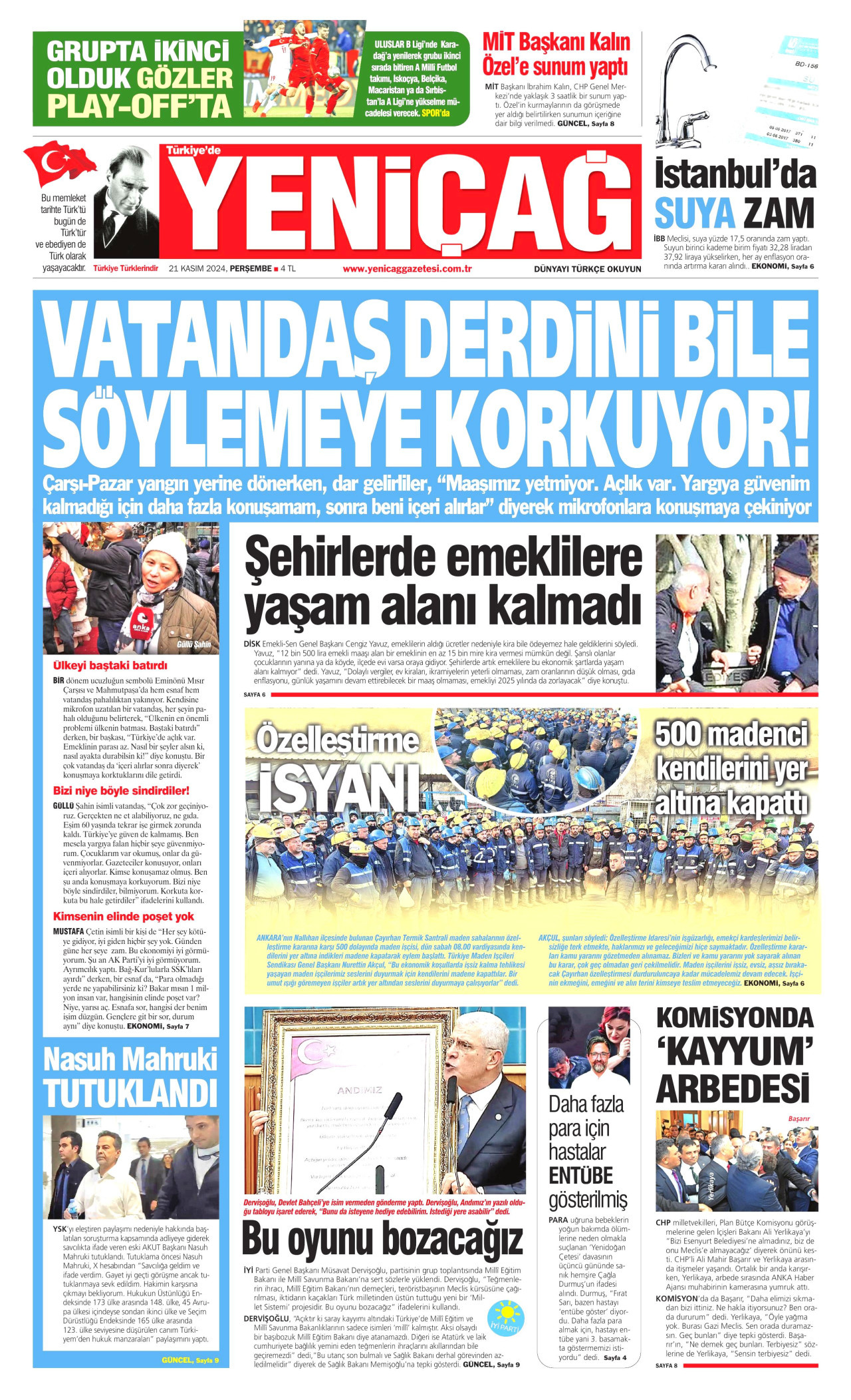 YENİÇAĞ gazetesinin 21 Kasım 2024 tarihli birinci sayfası