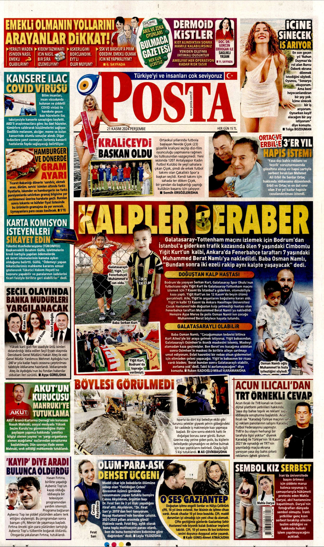 POSTA gazetesinin 21 Kasım 2024 tarihli birinci sayfası