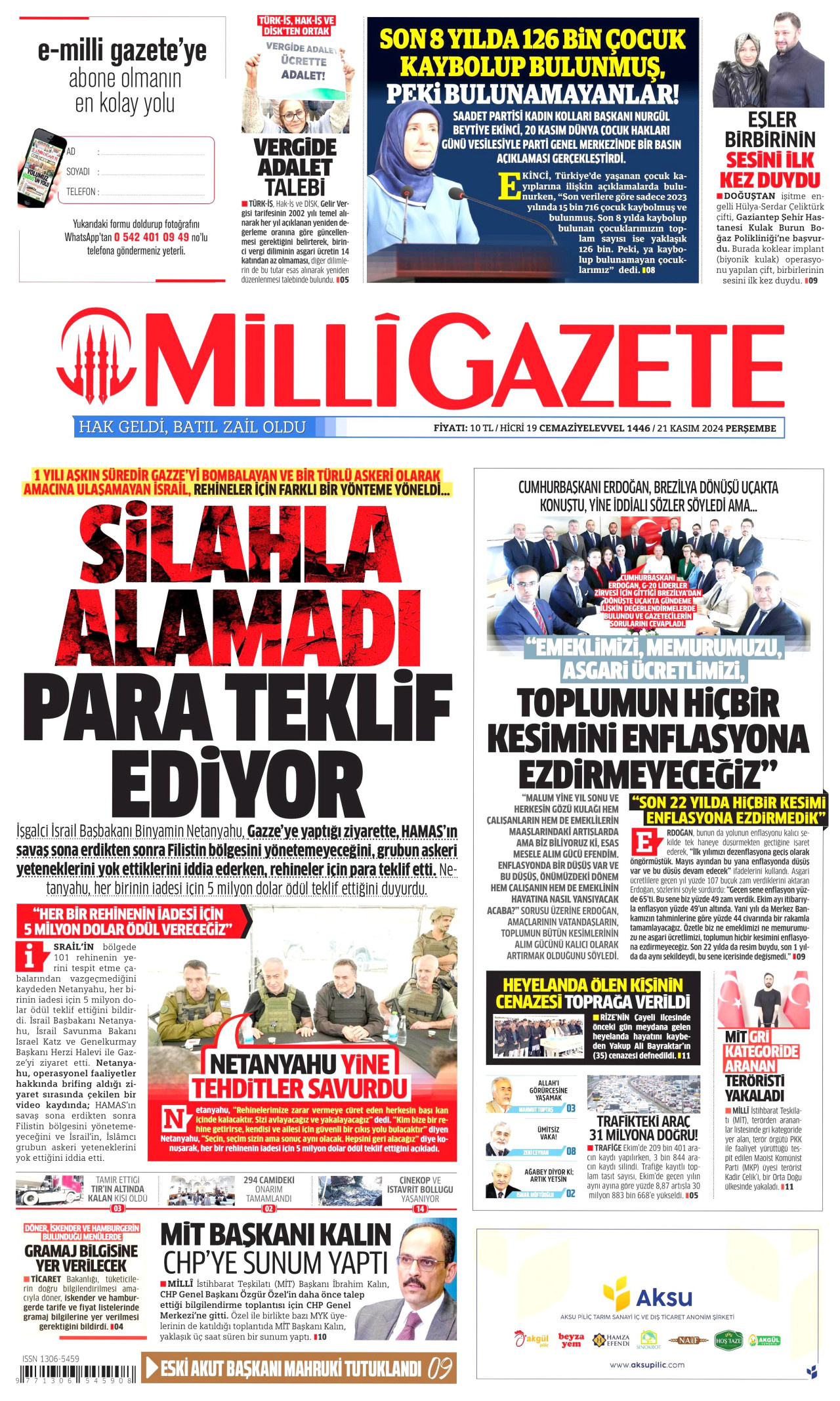 MİLLİ GAZETE gazetesinin 21 Kasım 2024 tarihli birinci sayfası