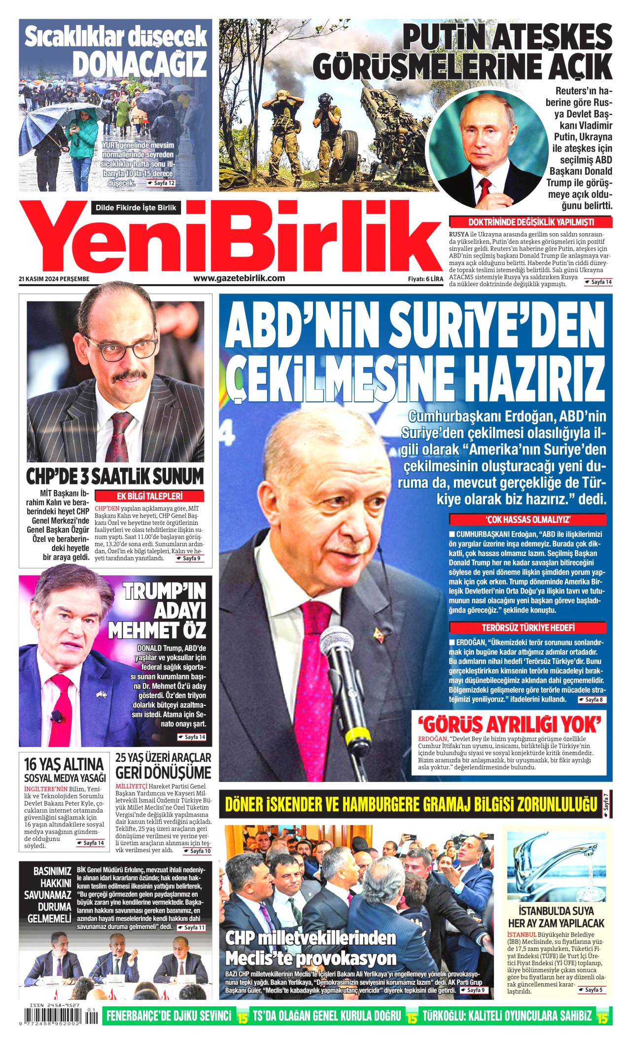 YENİBİRLİK gazetesinin 21 Kasım 2024 tarihli birinci sayfası