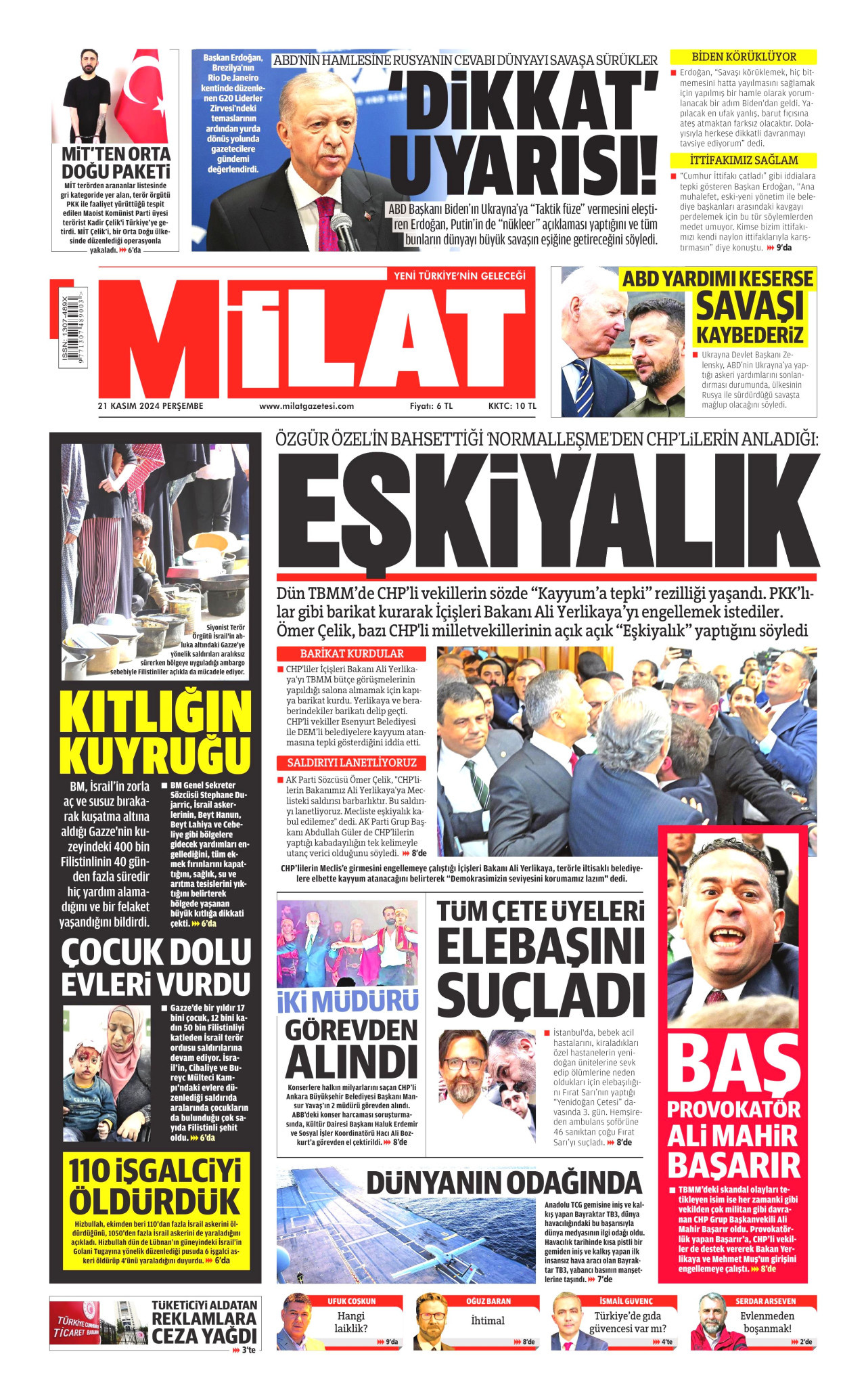 MİLAT gazetesinin 21 Kasım 2024 tarihli birinci sayfası