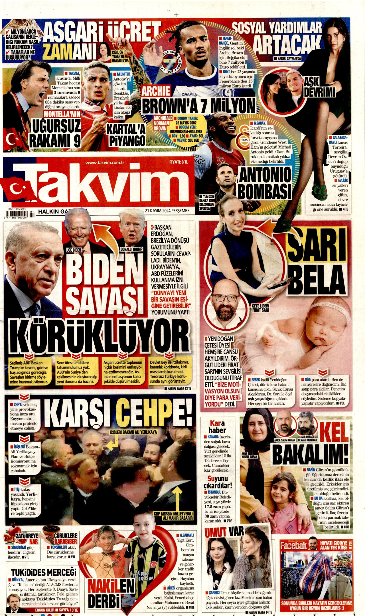 TAKVİM gazetesinin 21 Kasım 2024 tarihli birinci sayfası