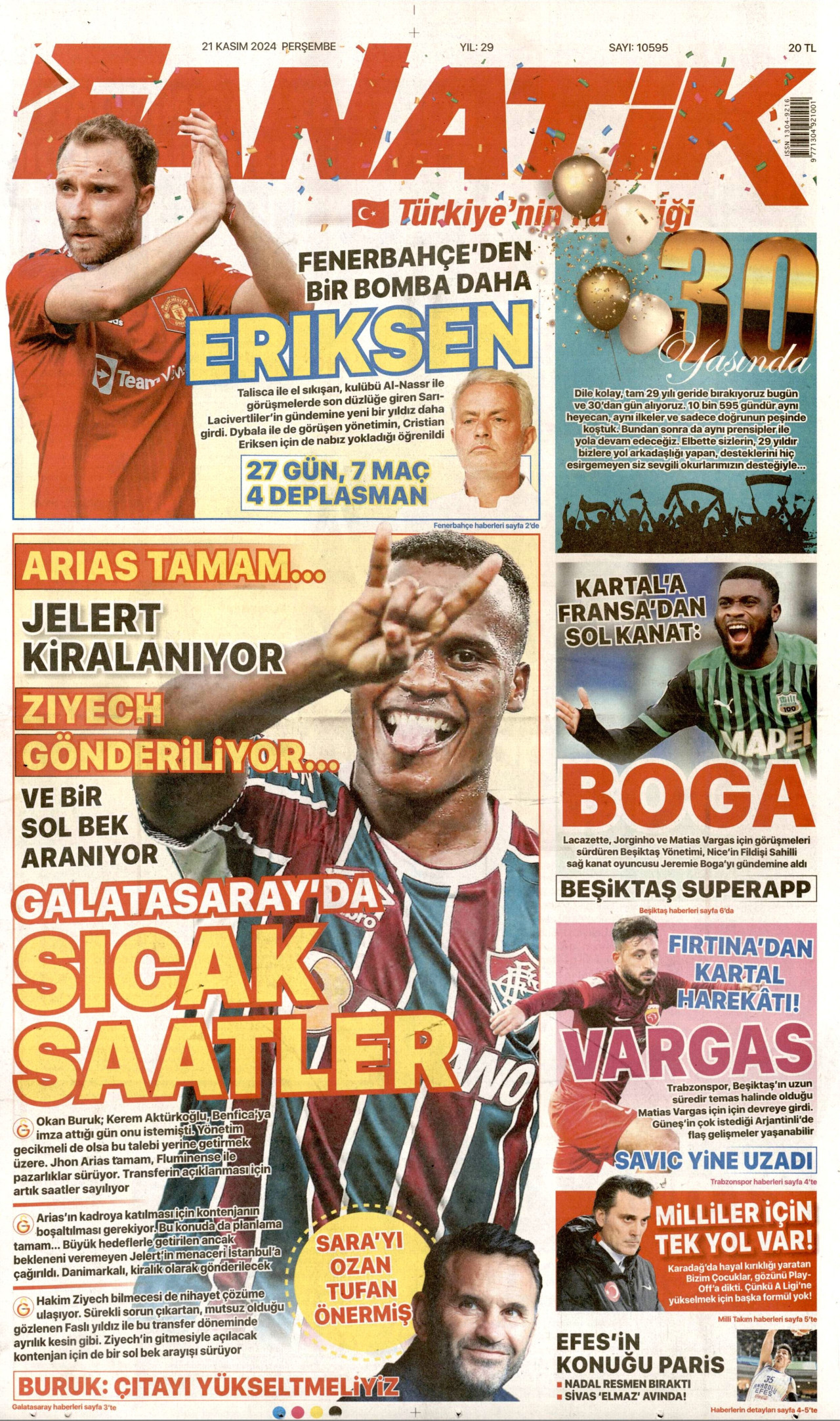 FANATİK gazetesinin 21 Kasım 2024 tarihli birinci sayfası