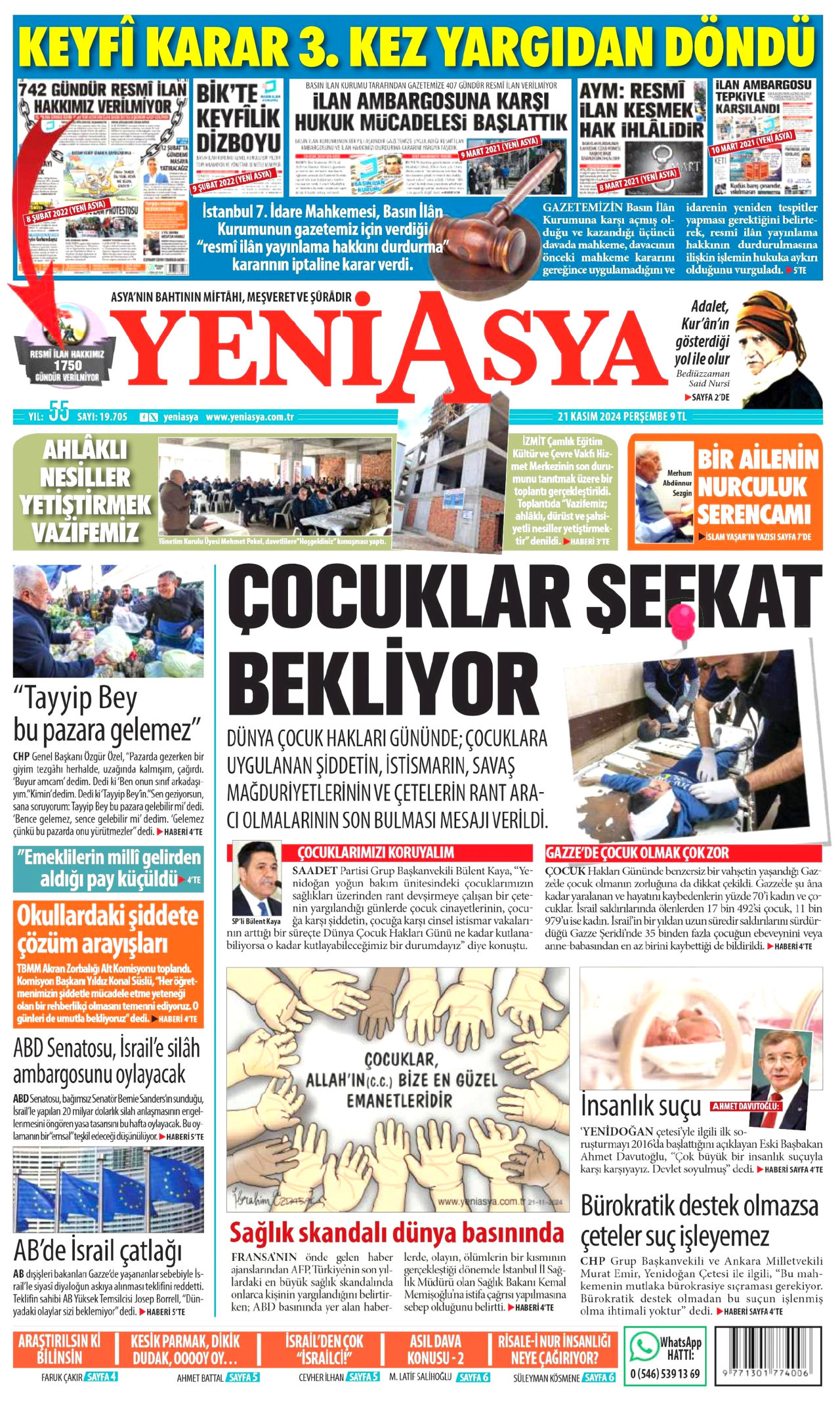 YENİ ASYA gazetesinin 21 Kasım 2024 tarihli birinci sayfası