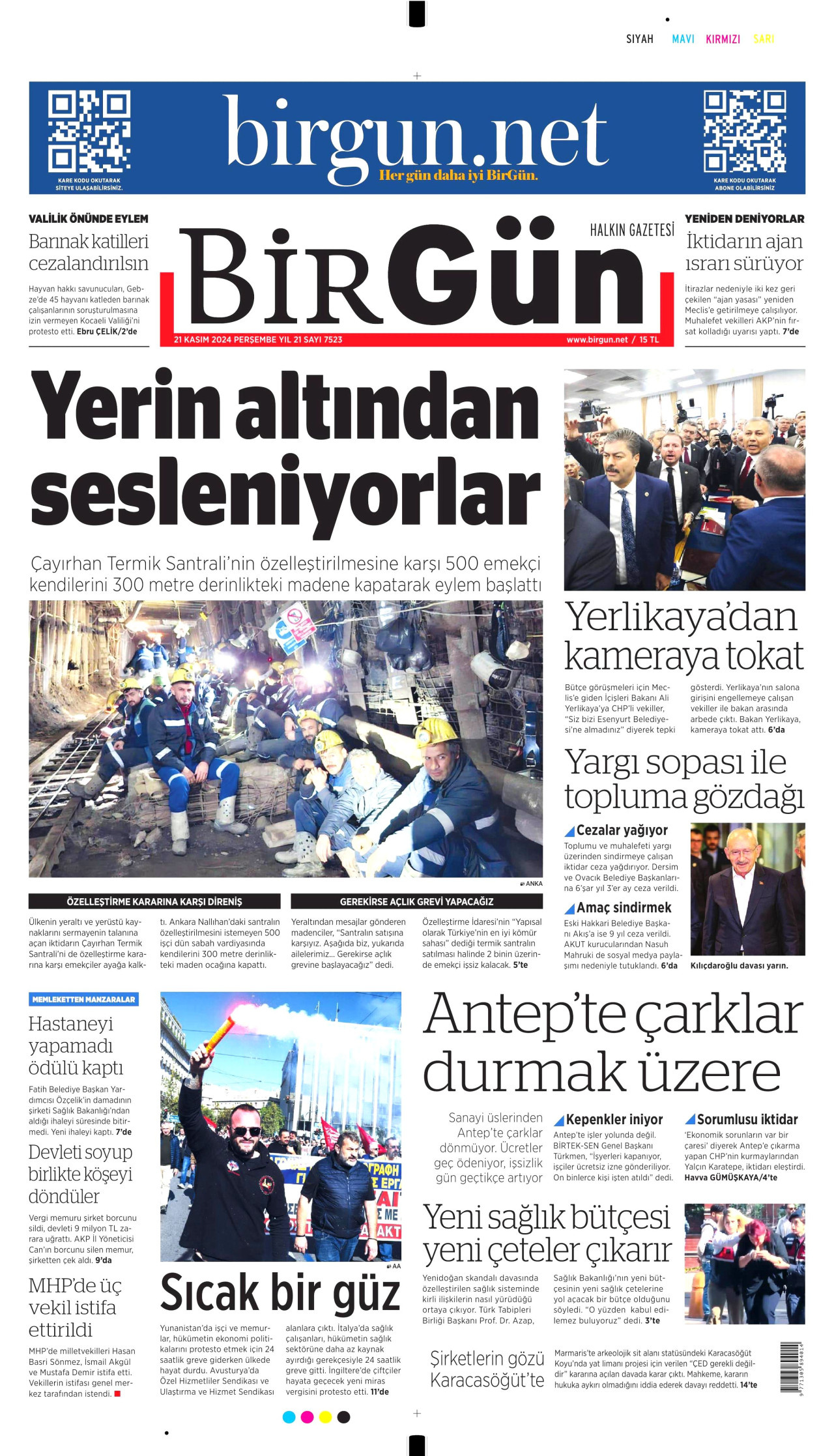 BİRGÜN gazetesinin 21 Kasım 2024 tarihli birinci sayfası
