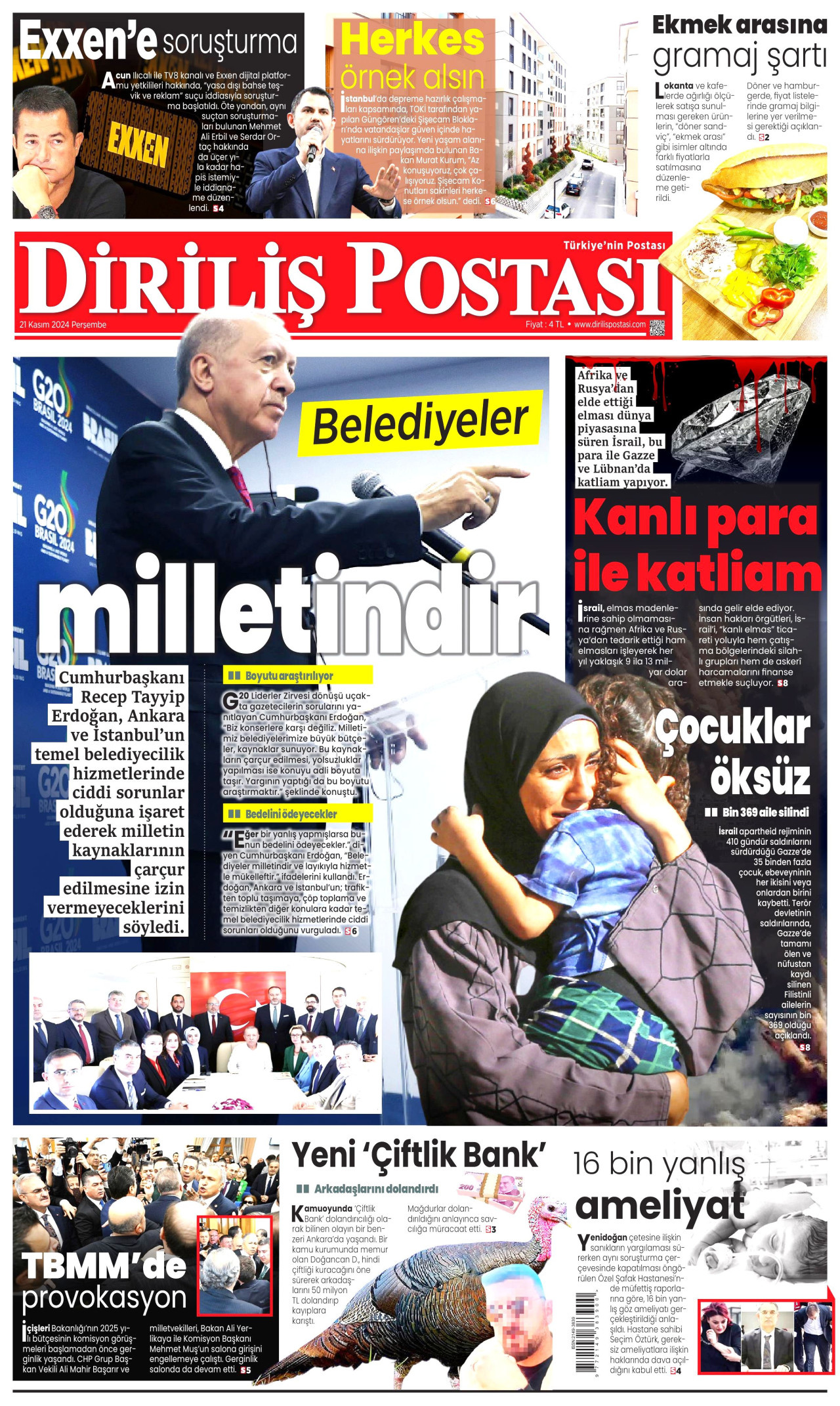 DİRİLİŞ POSTASI gazetesinin 21 Kasım 2024 tarihli birinci sayfası