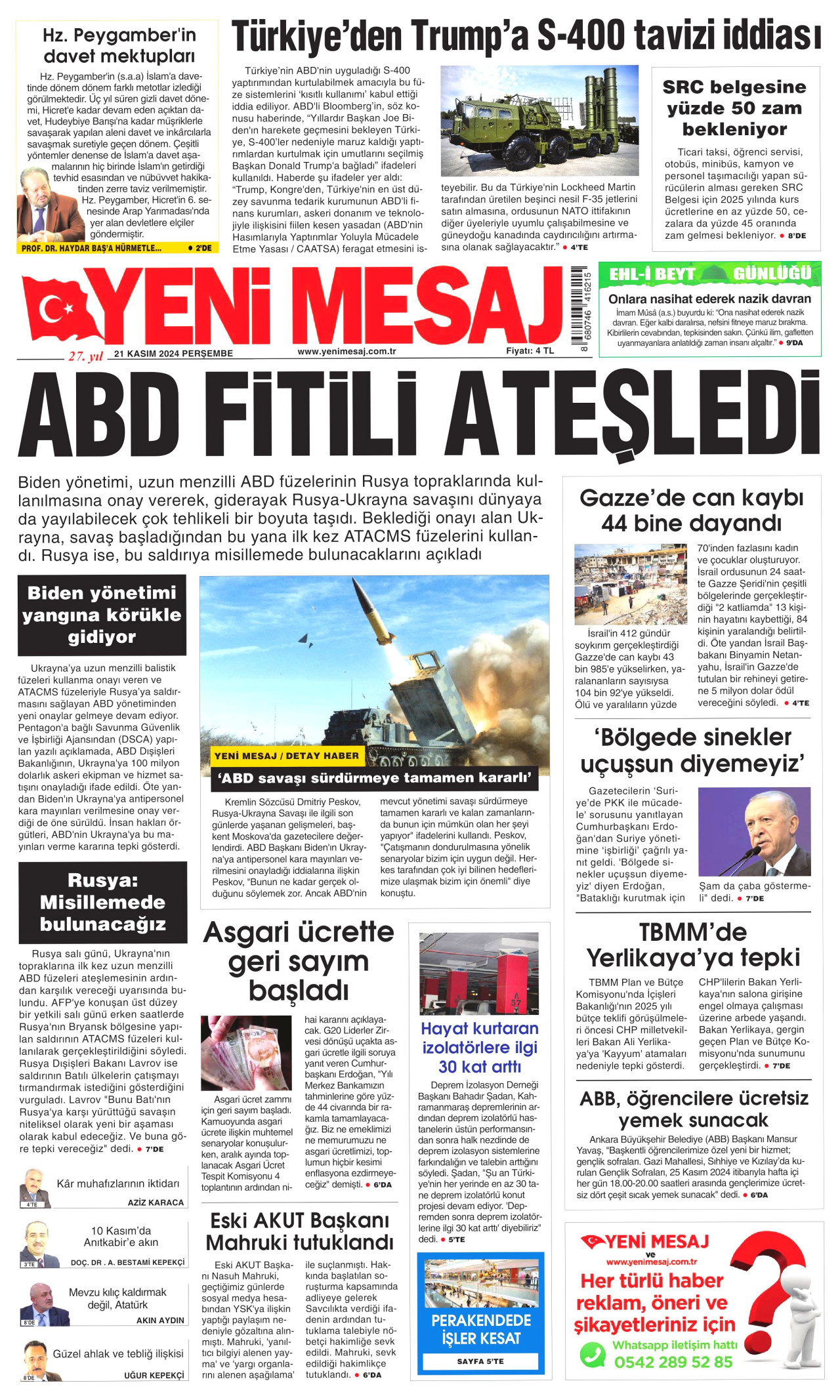 YENİ MESAJ gazetesinin 21 Kasım 2024 tarihli birinci sayfası