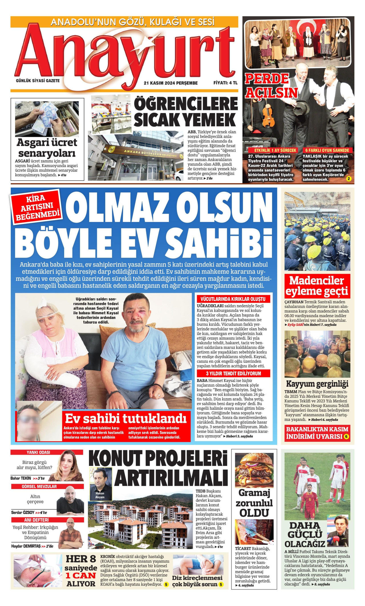 ANAYURT gazetesinin 21 Kasım 2024 tarihli birinci sayfası