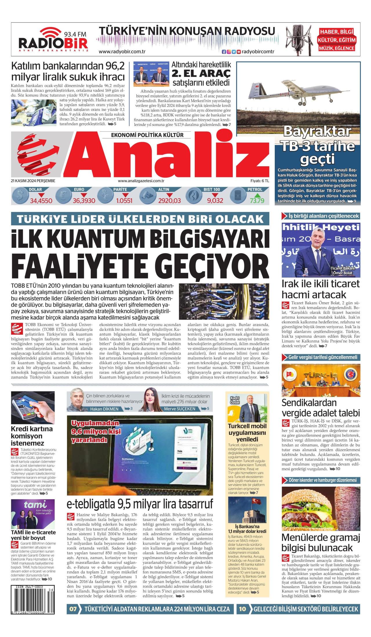 ANALİZ gazetesinin 21 Kasım 2024 tarihli birinci sayfası