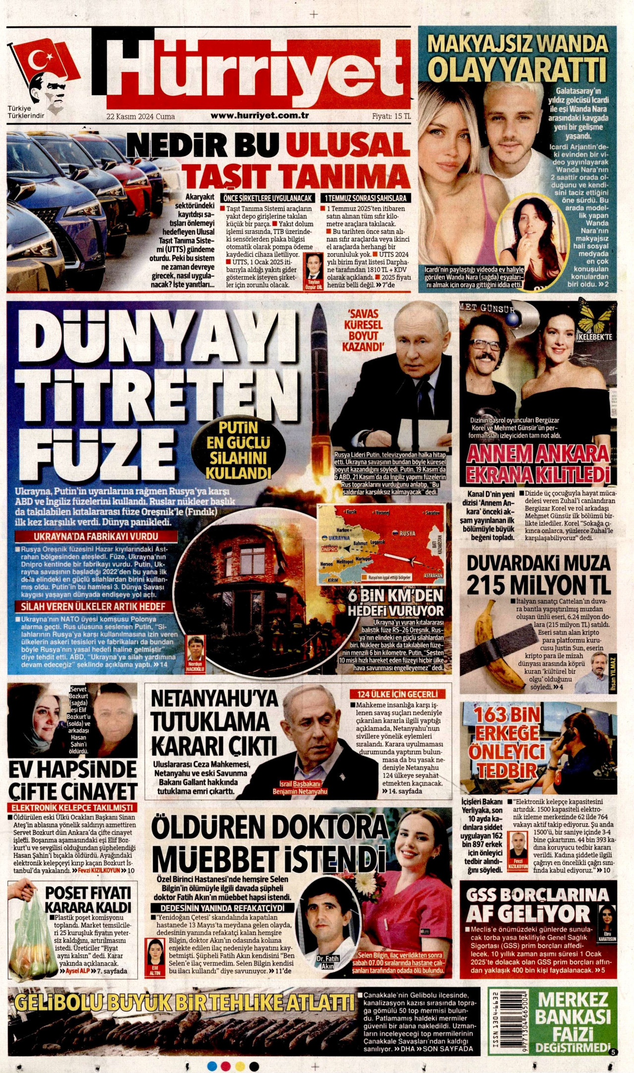 HÜRRİYET gazetesinin 22 Kasım 2024 tarihli birinci sayfası
