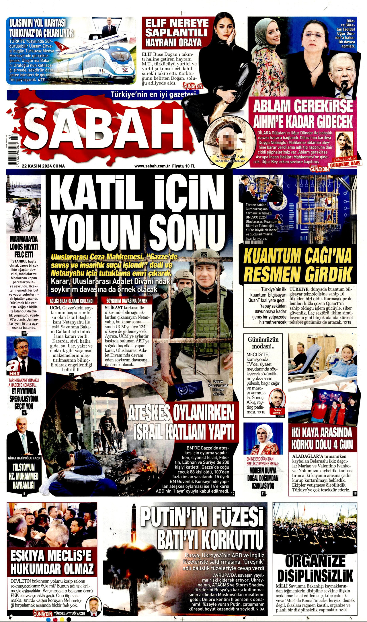 SABAH gazetesinin 22 Kasım 2024 tarihli birinci sayfası