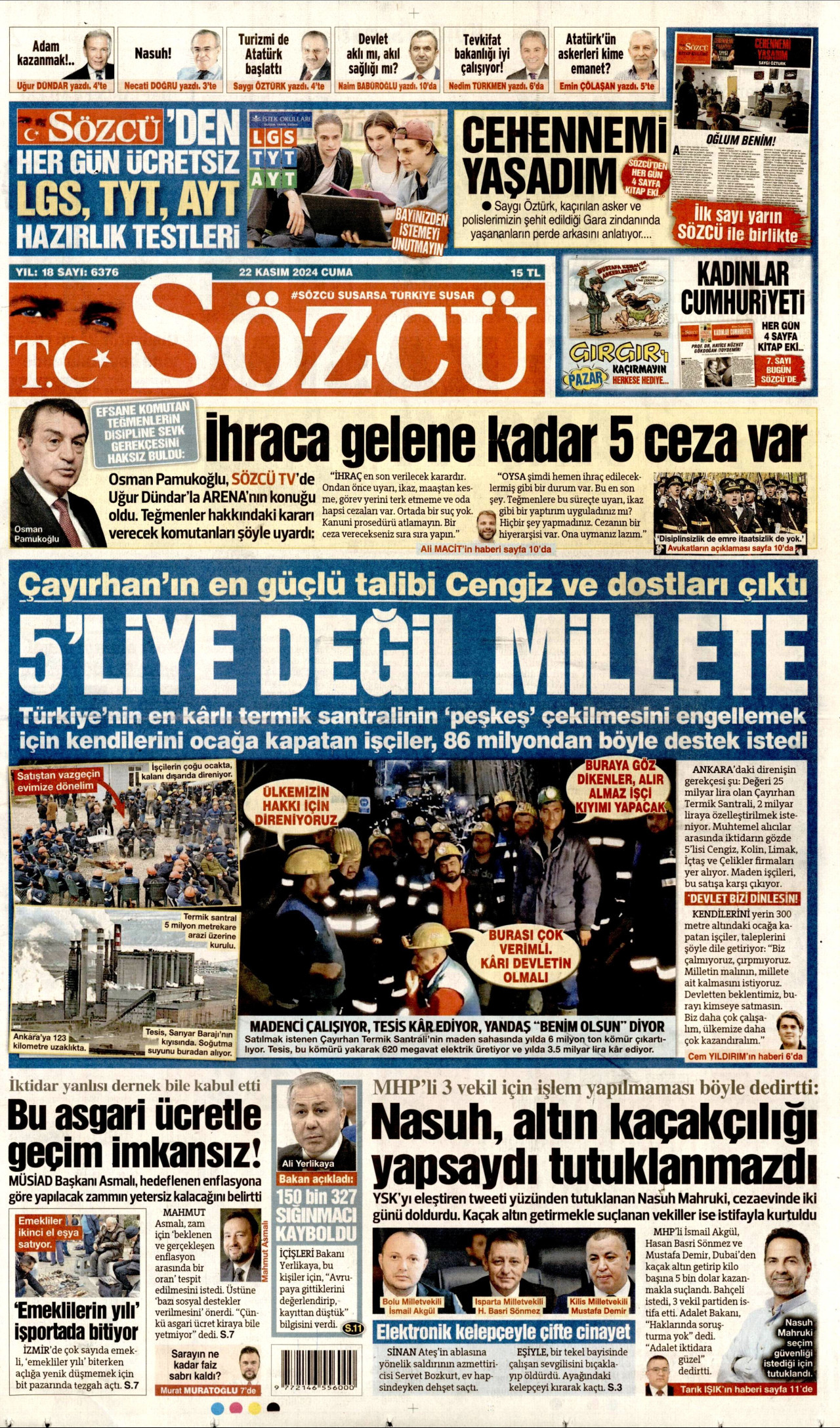 SÖZCÜ gazetesinin 22 Kasım 2024 tarihli birinci sayfası