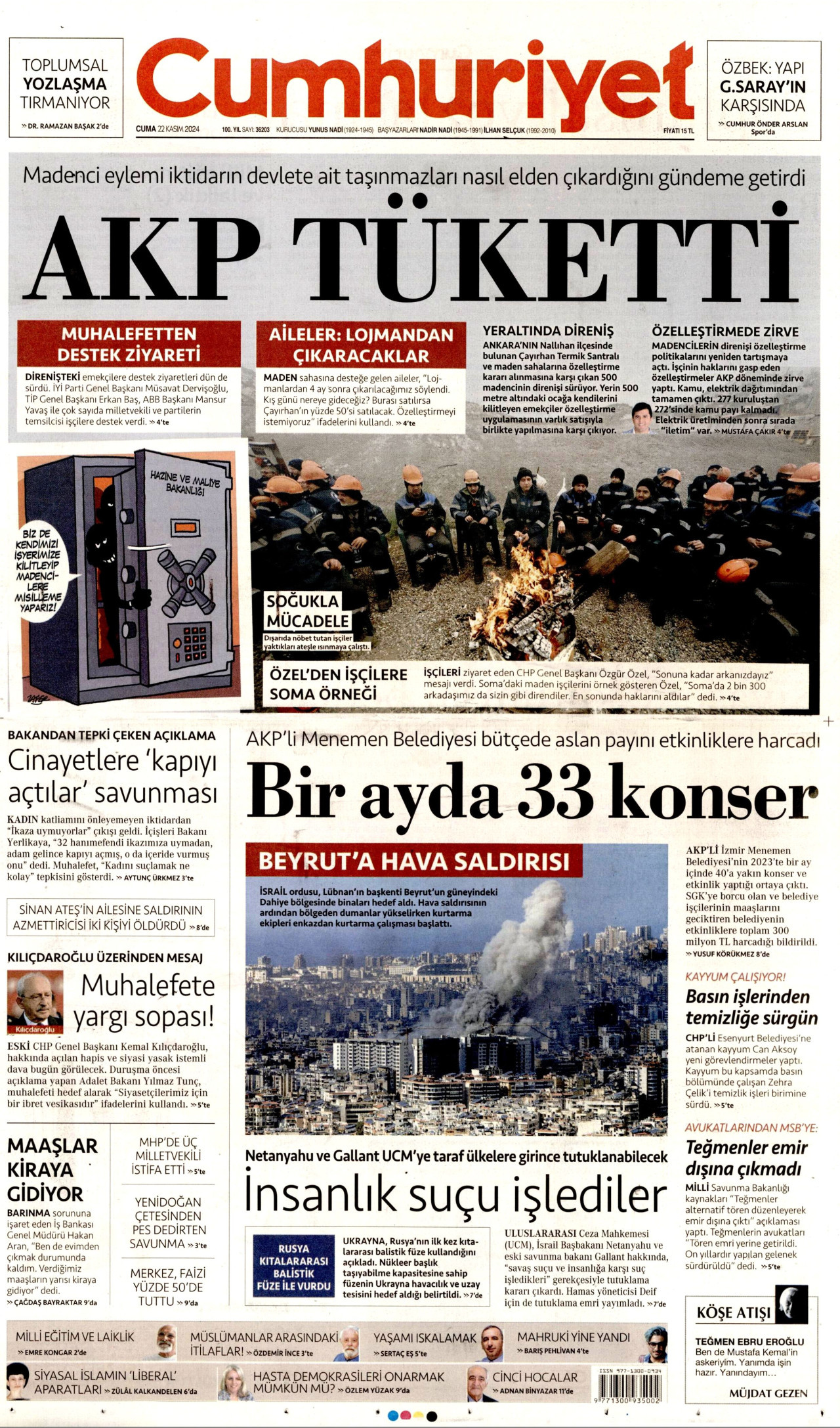 CUMHURİYET gazetesinin 22 Kasım 2024 tarihli birinci sayfası