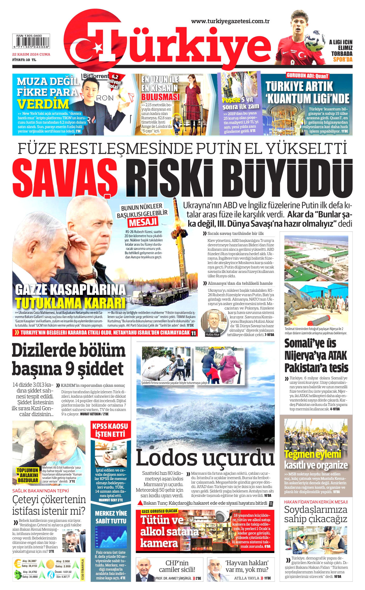 TÜRKİYE GAZETESİ gazetesinin 22 Kasım 2024 tarihli birinci sayfası