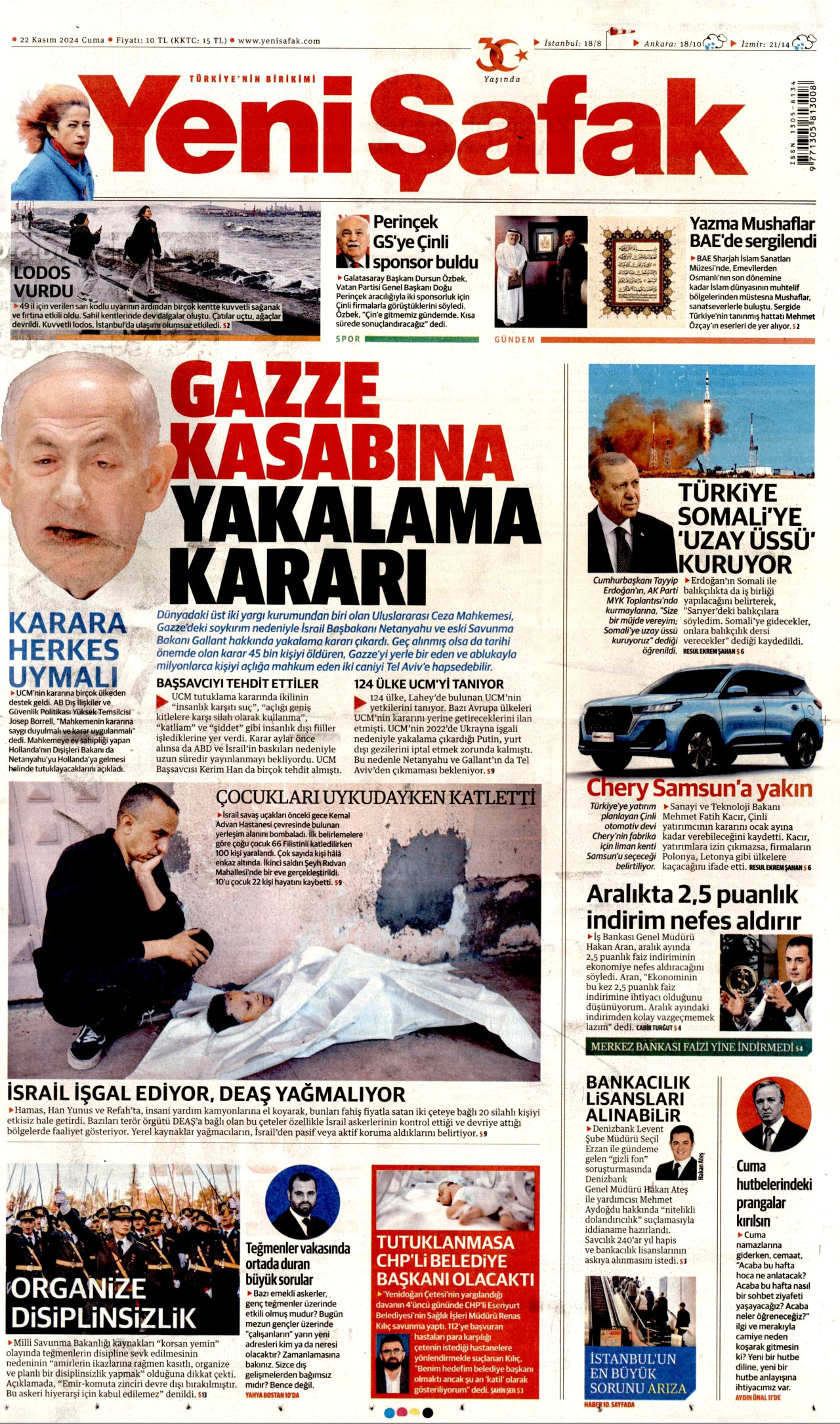 YENİ ŞAFAK gazetesinin 22 Kasım 2024 tarihli birinci sayfası