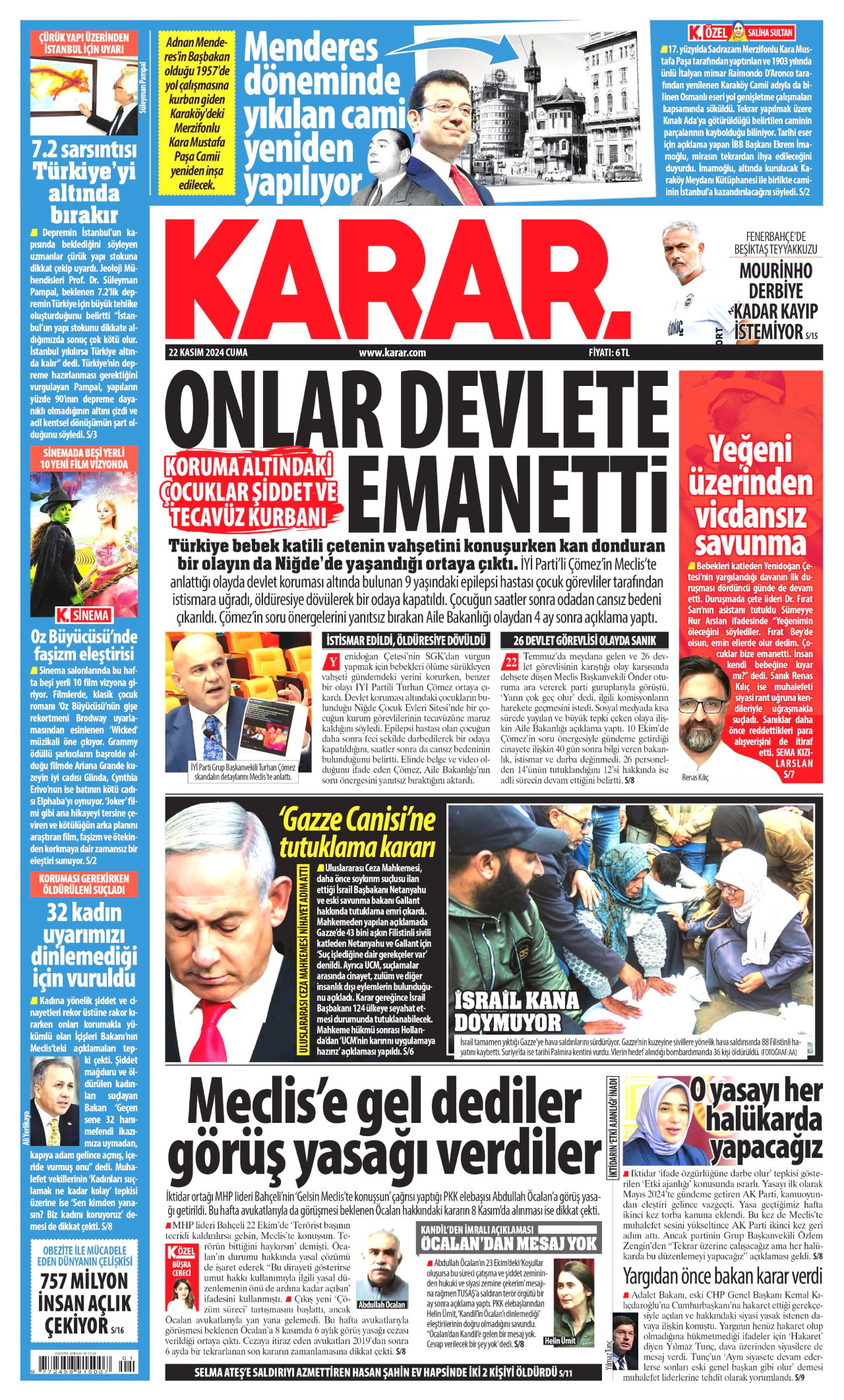 KARAR gazetesinin 22 Kasım 2024 tarihli birinci sayfası