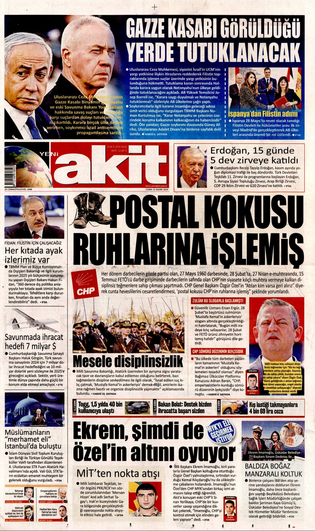 YENİ AKİT gazetesinin 22 Kasım 2024 tarihli birinci sayfası