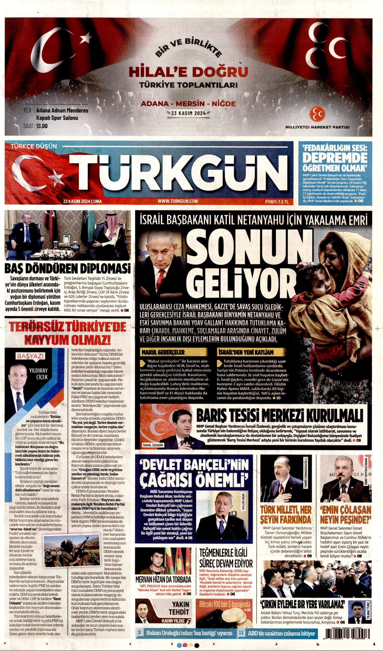 TÜRKGÜN gazetesinin 22 Kasım 2024 tarihli birinci sayfası