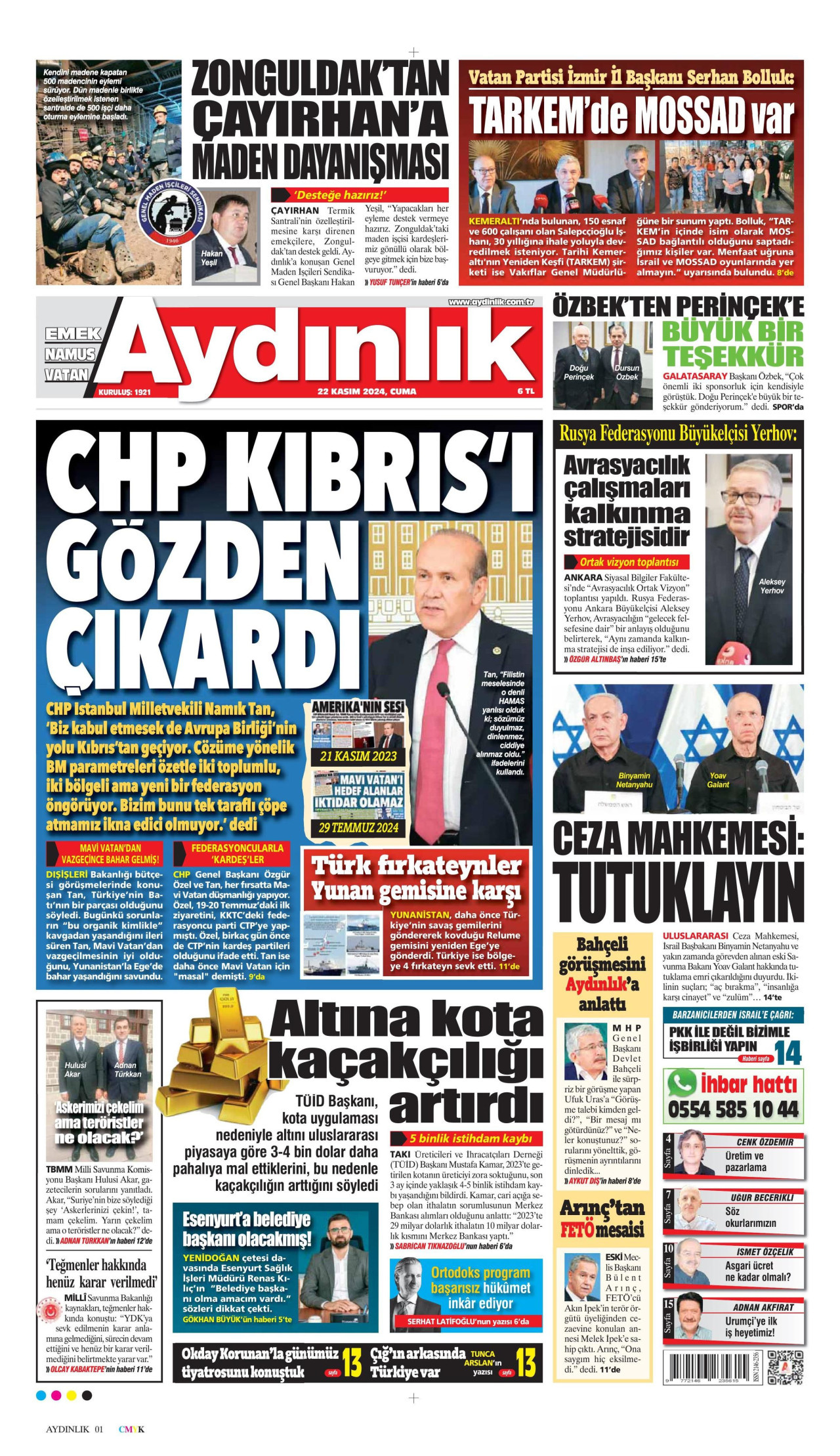 AYDINLIK GAZETESİ gazetesinin 22 Kasım 2024 tarihli birinci sayfası