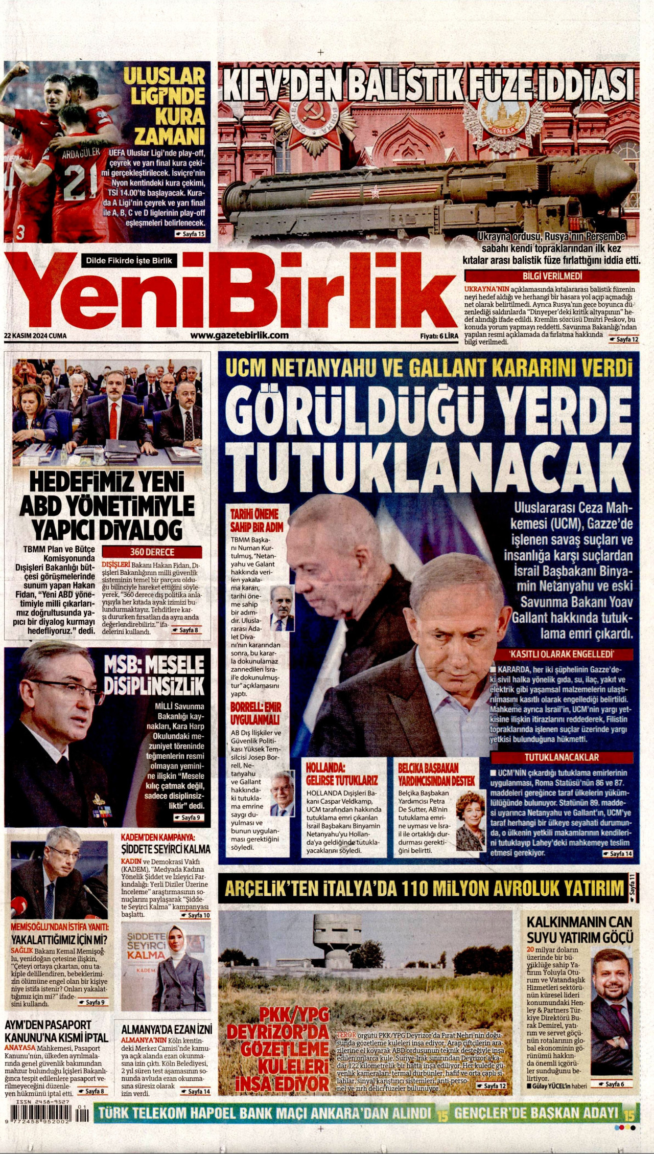 YENİBİRLİK gazetesinin 22 Kasım 2024 tarihli birinci sayfası