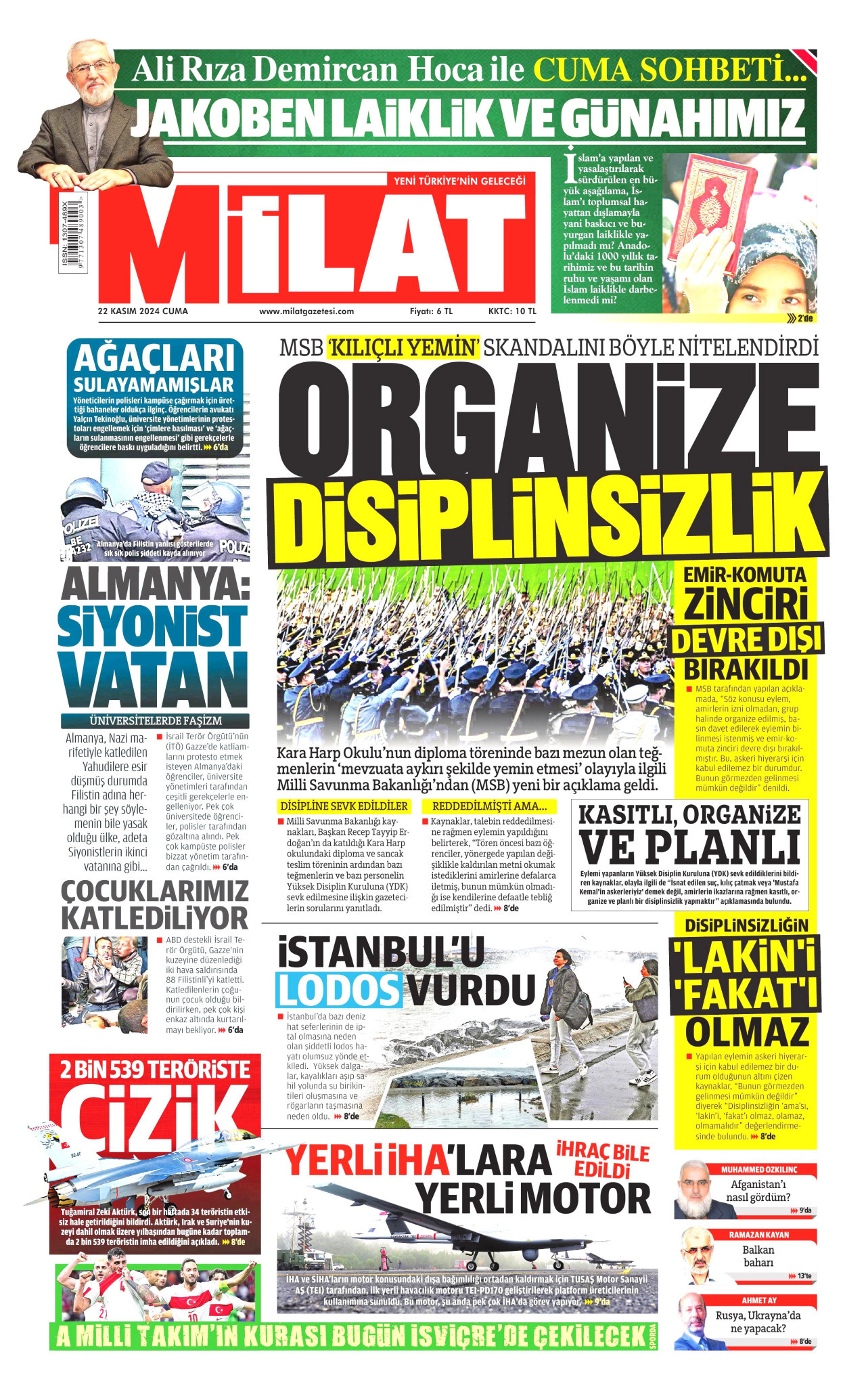 MİLAT gazetesinin 22 Kasım 2024 tarihli birinci sayfası
