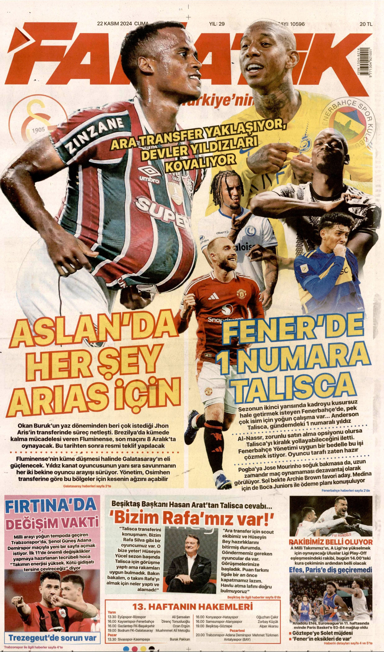 FANATİK gazetesinin 22 Kasım 2024 tarihli birinci sayfası