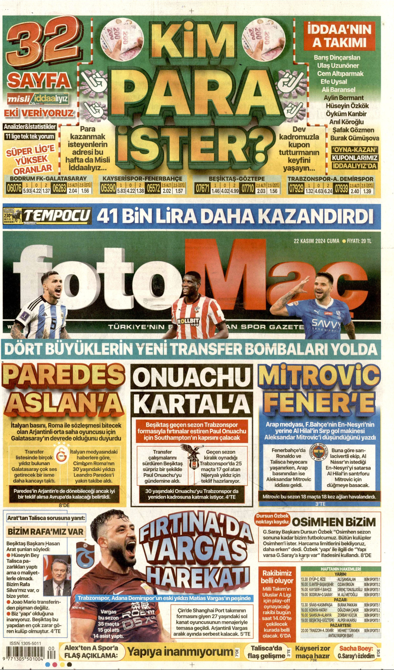 FOTOMAÇ gazetesinin 22 Kasım 2024 tarihli birinci sayfası