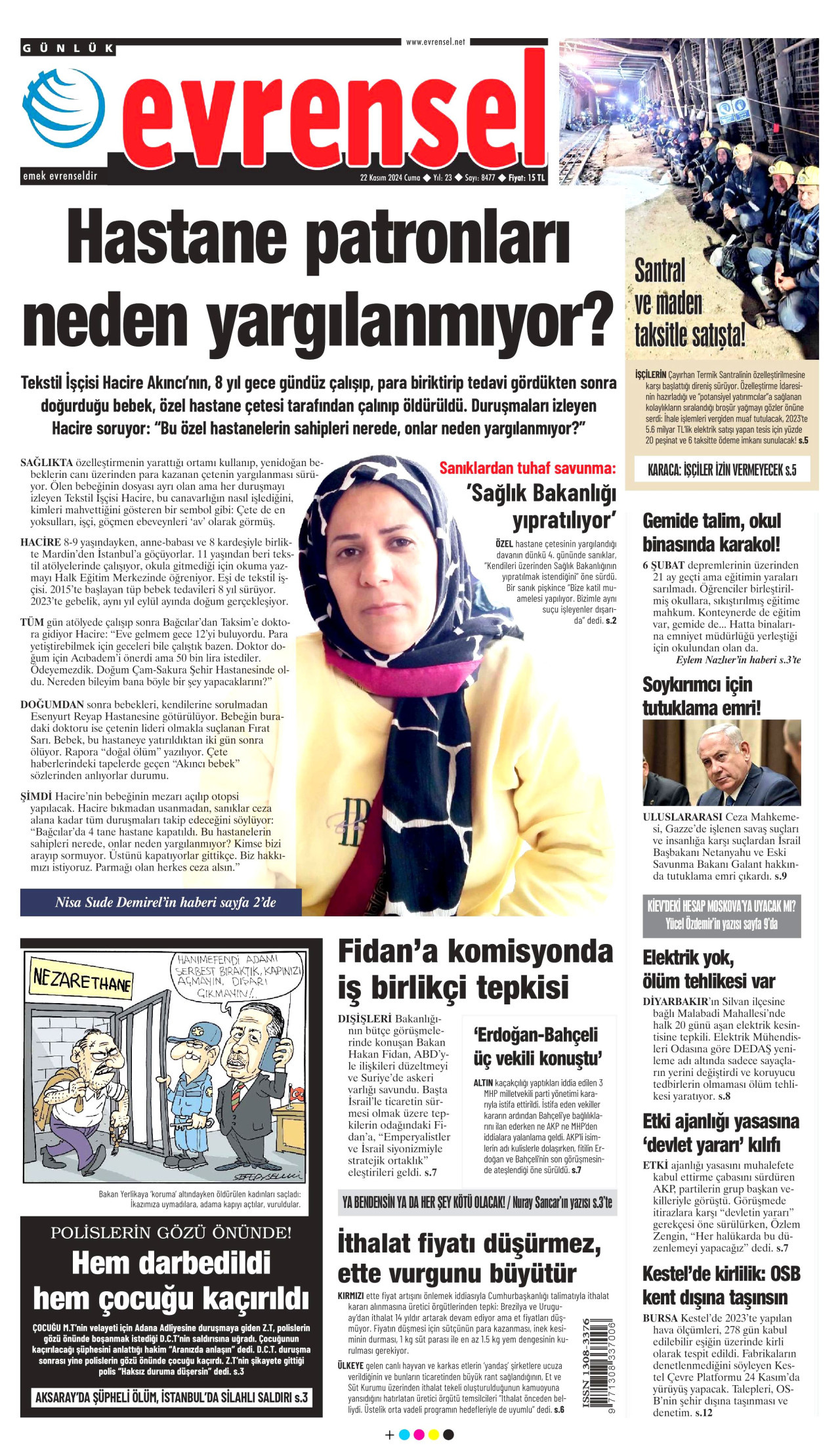 EVRENSEL gazetesinin 22 Kasım 2024 tarihli birinci sayfası