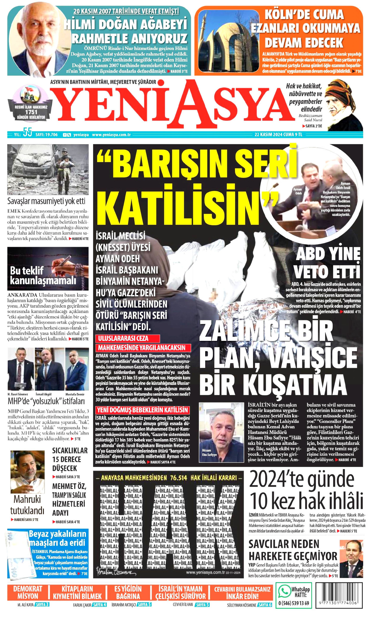 YENİ ASYA gazetesinin 22 Kasım 2024 tarihli birinci sayfası