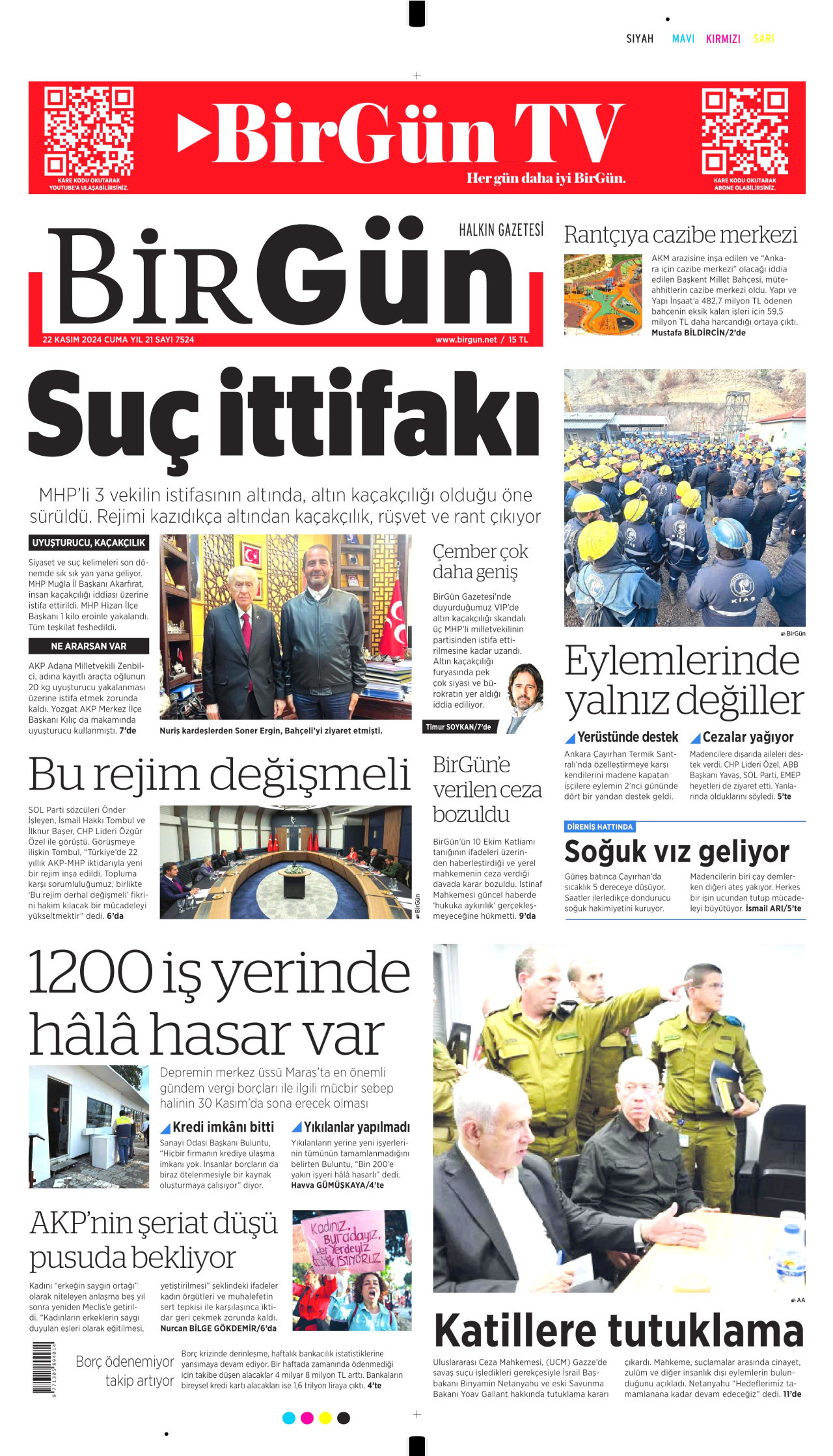 BİRGÜN gazetesinin 22 Kasım 2024 tarihli birinci sayfası