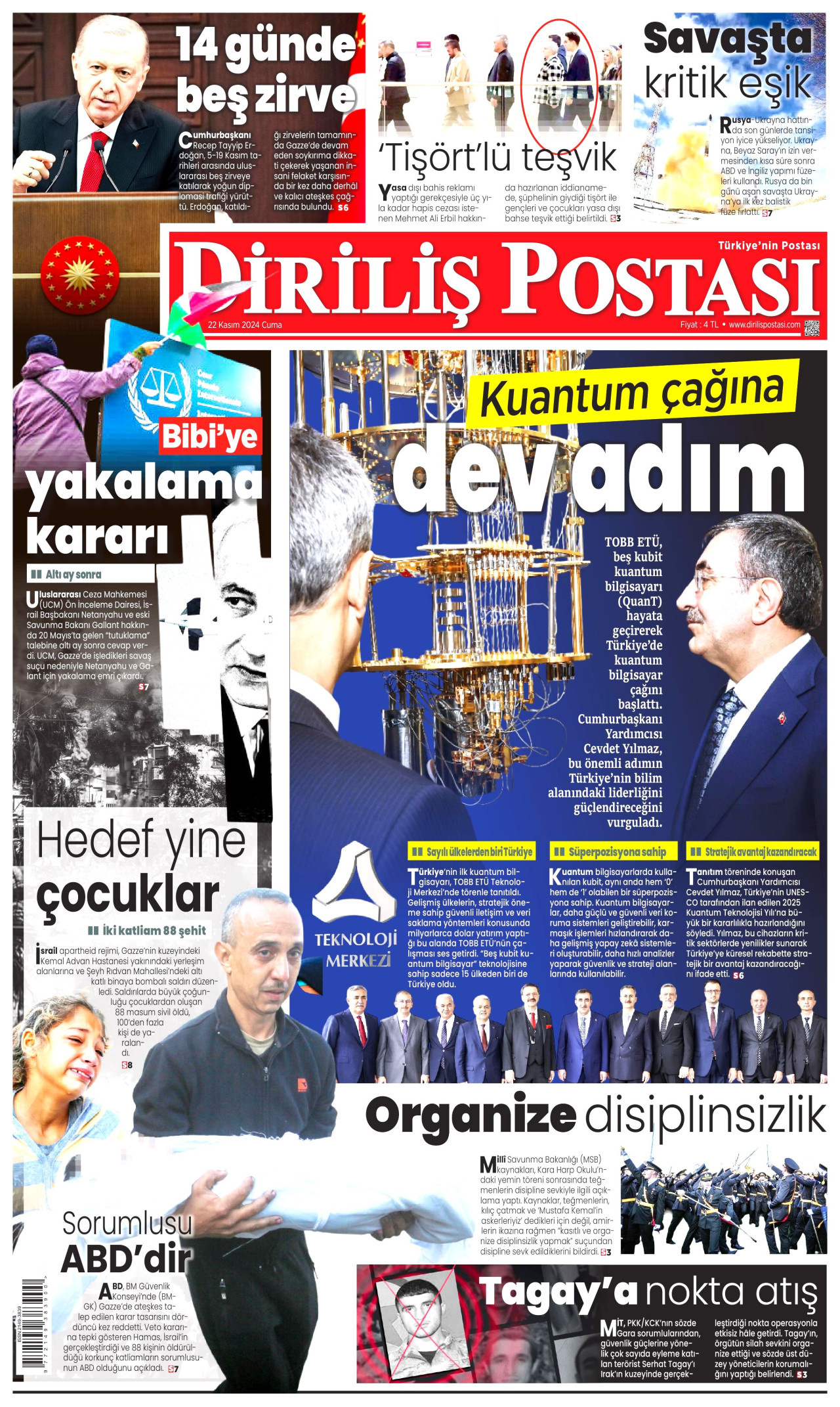DİRİLİŞ POSTASI gazetesinin 22 Kasım 2024 tarihli birinci sayfası