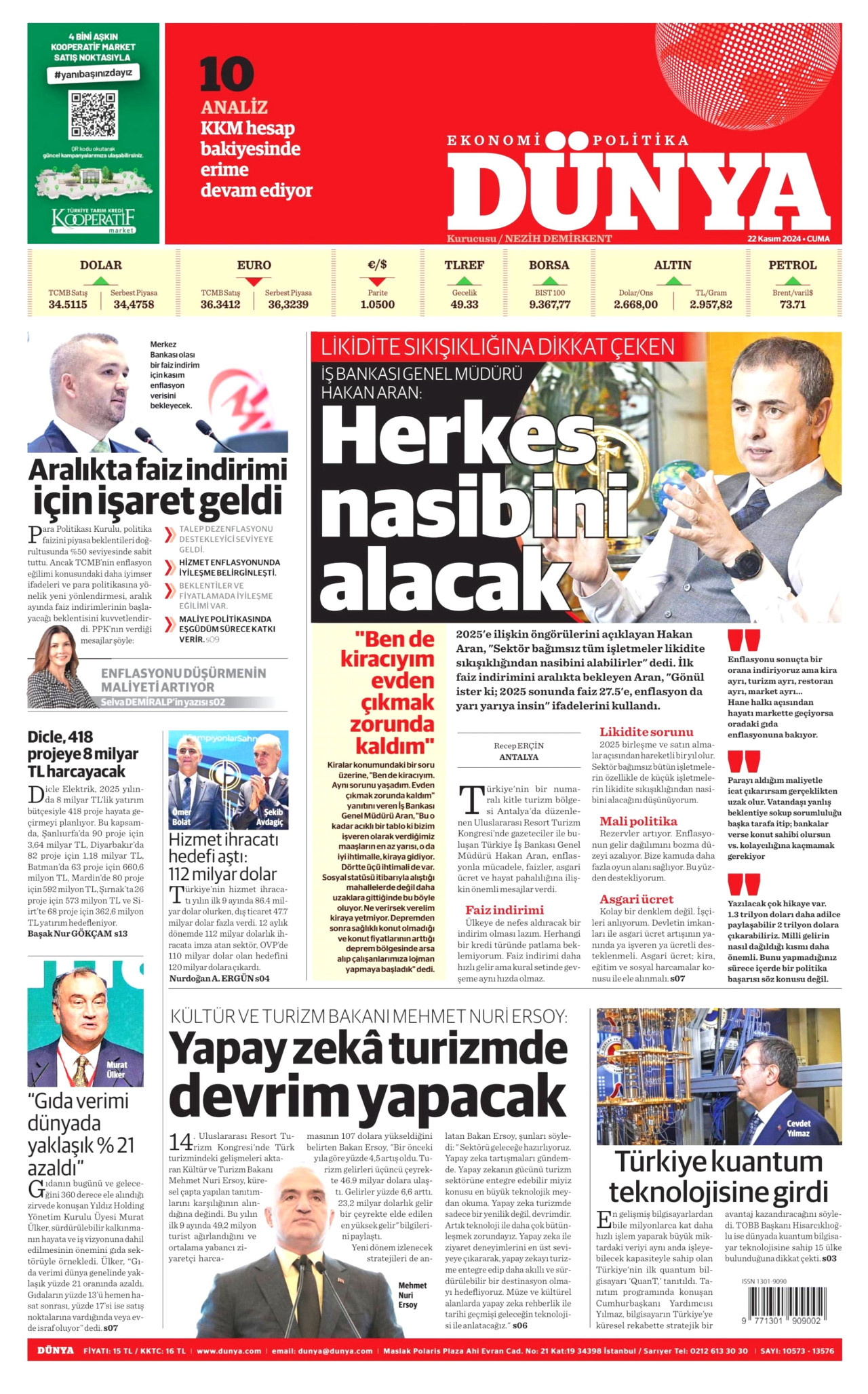 DÜNYA gazetesinin 22 Kasım 2024 tarihli birinci sayfası