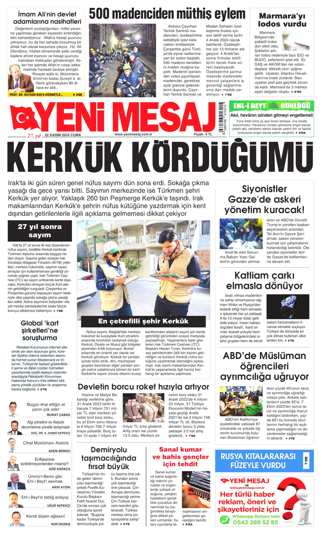 YENİ MESAJ gazetesinin 22 Kasım 2024 tarihli birinci sayfası