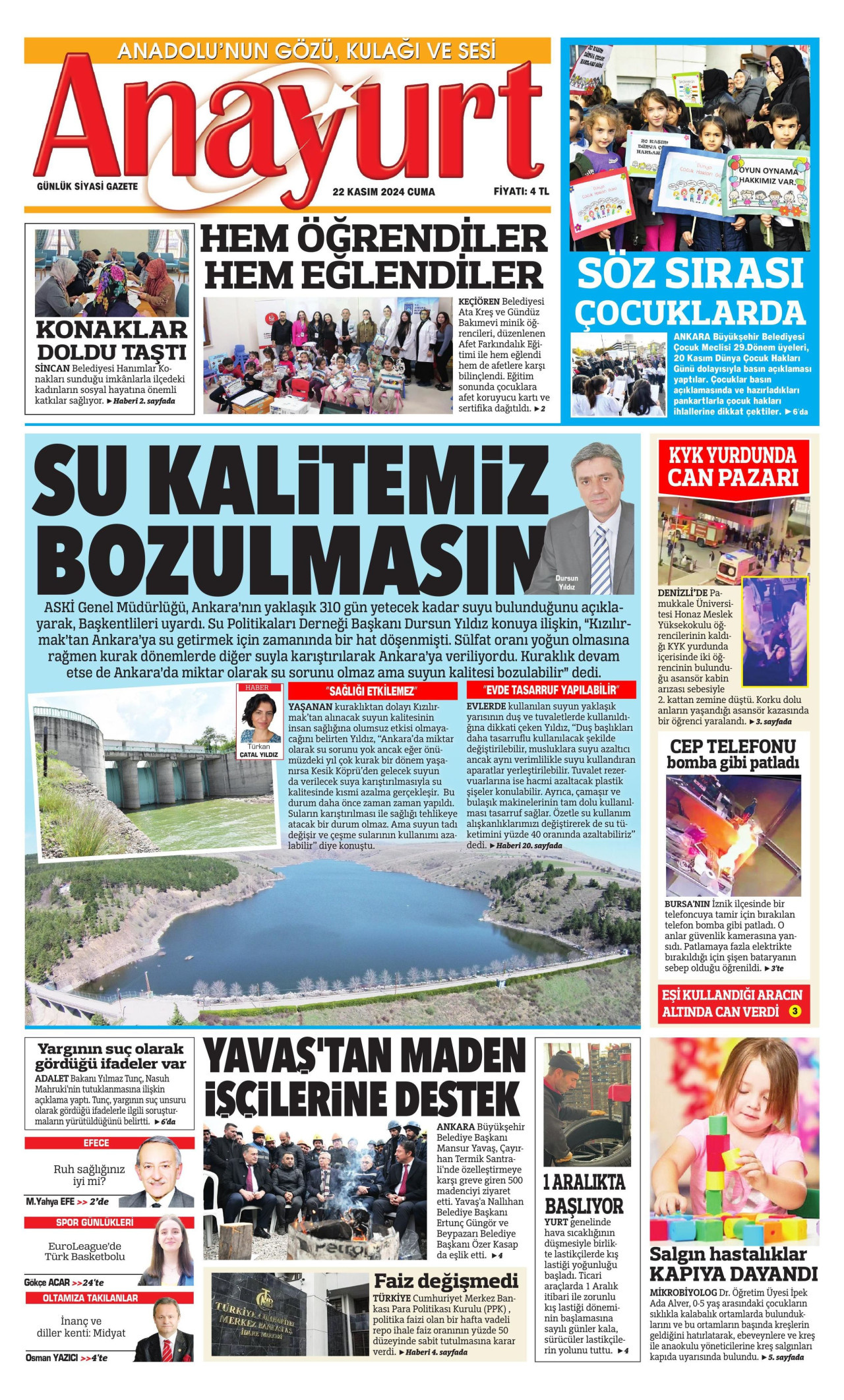ANAYURT gazetesinin 22 Kasım 2024 tarihli birinci sayfası