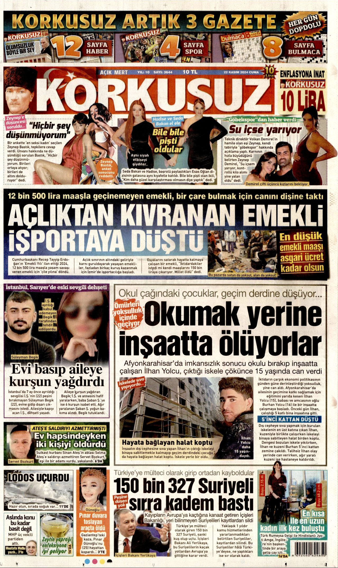KORKUSUZ gazetesinin 22 Kasım 2024 tarihli birinci sayfası