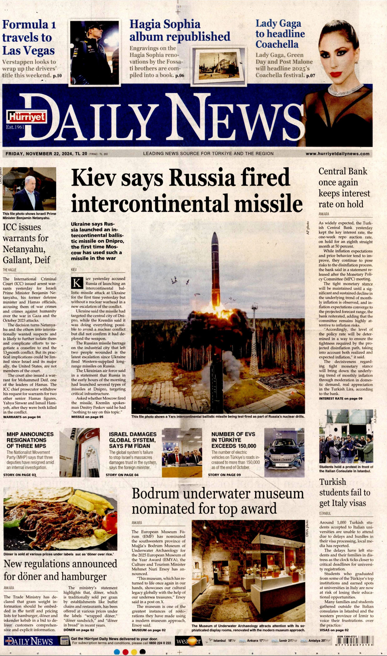 HÜRRİYET DAİLY NEWS gazetesinin 22 Kasım 2024 tarihli birinci sayfası