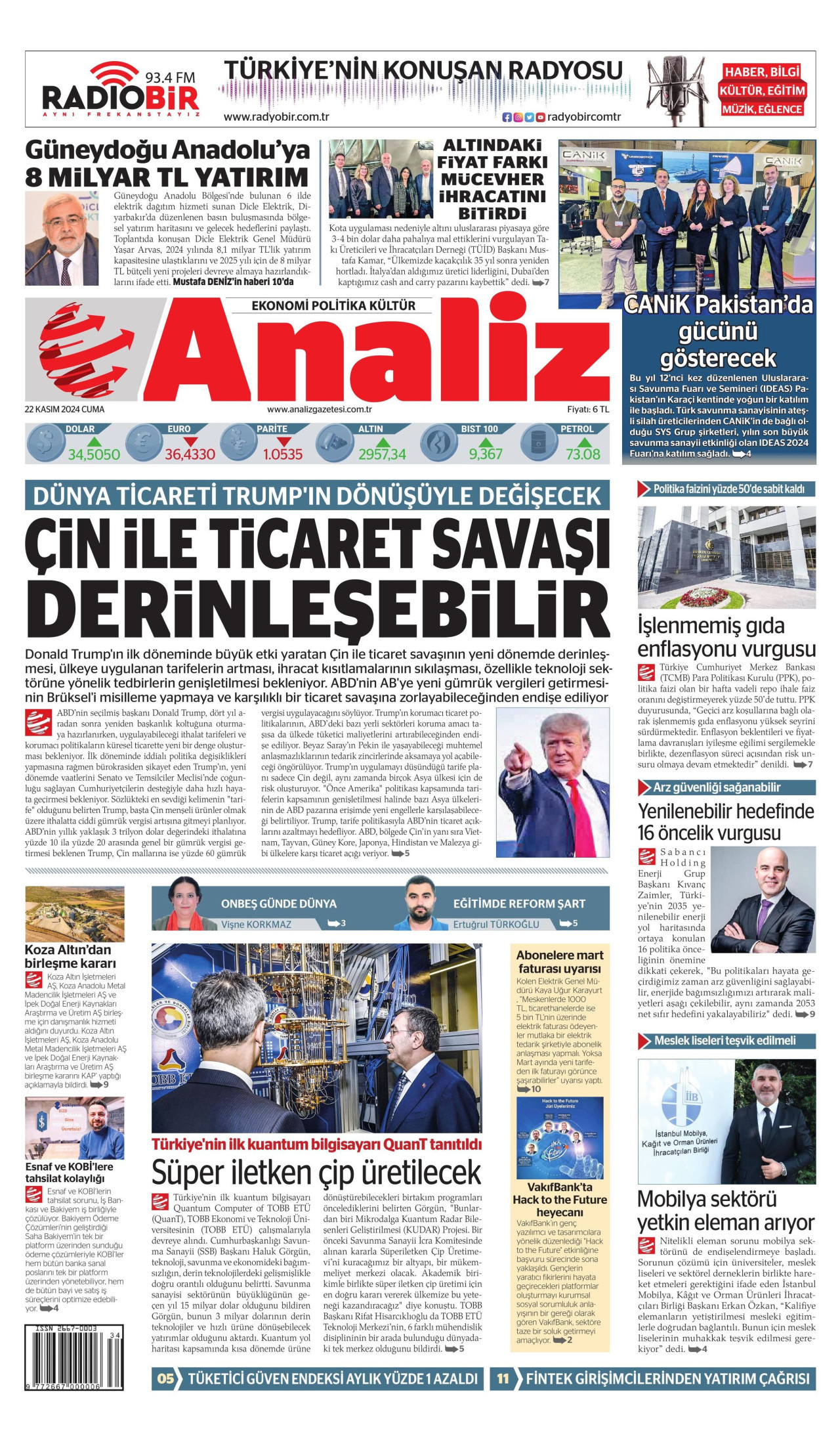 ANALİZ gazetesinin 22 Kasım 2024 tarihli birinci sayfası