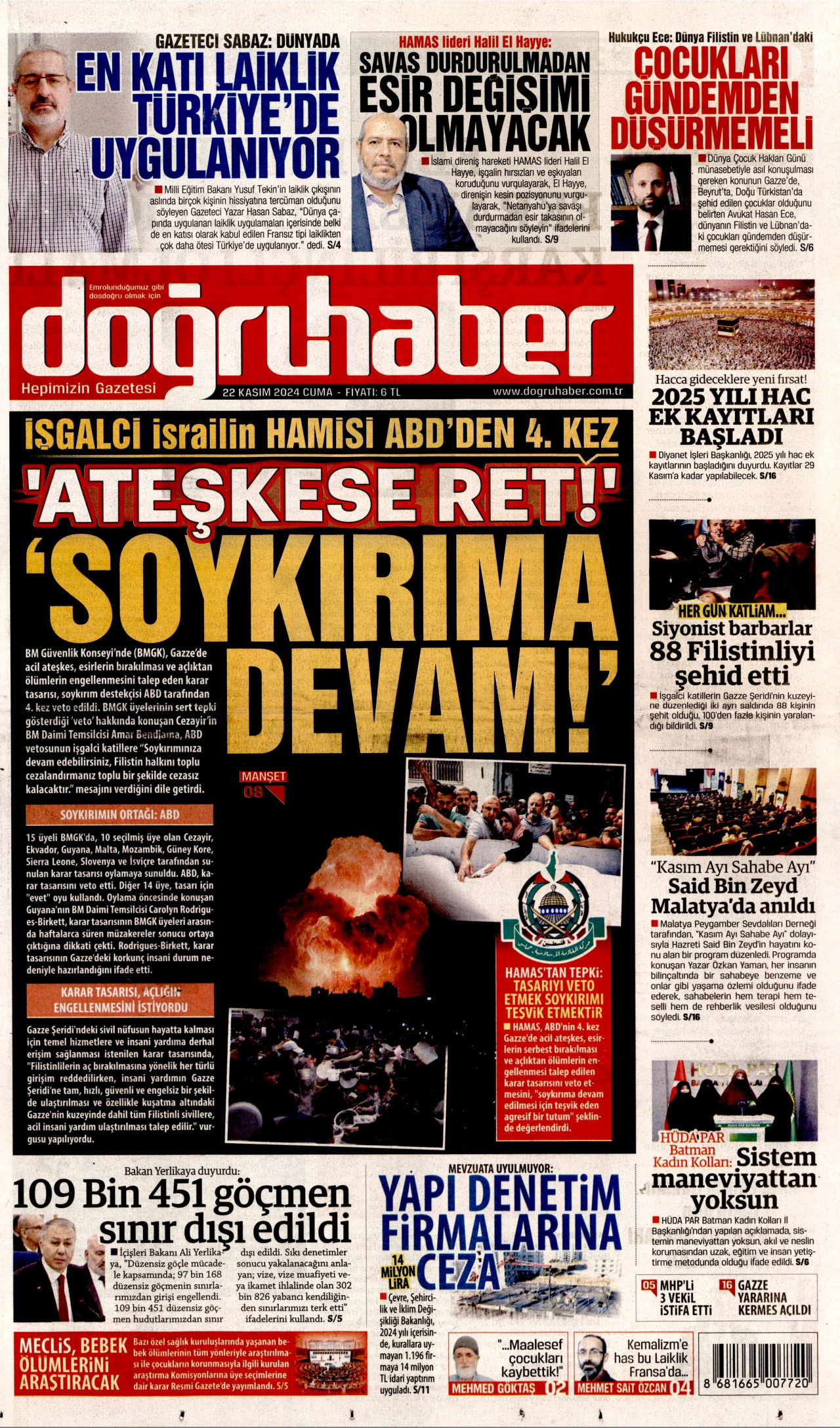 DOĞRU HABER gazetesinin 22 Kasım 2024 tarihli birinci sayfası