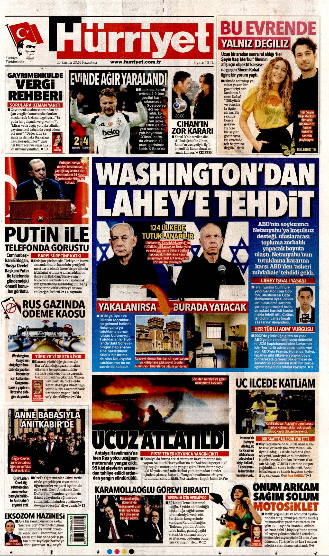 HÜRRİYET gazetesinin 25 Kasım 2024 tarihli birinci sayfası