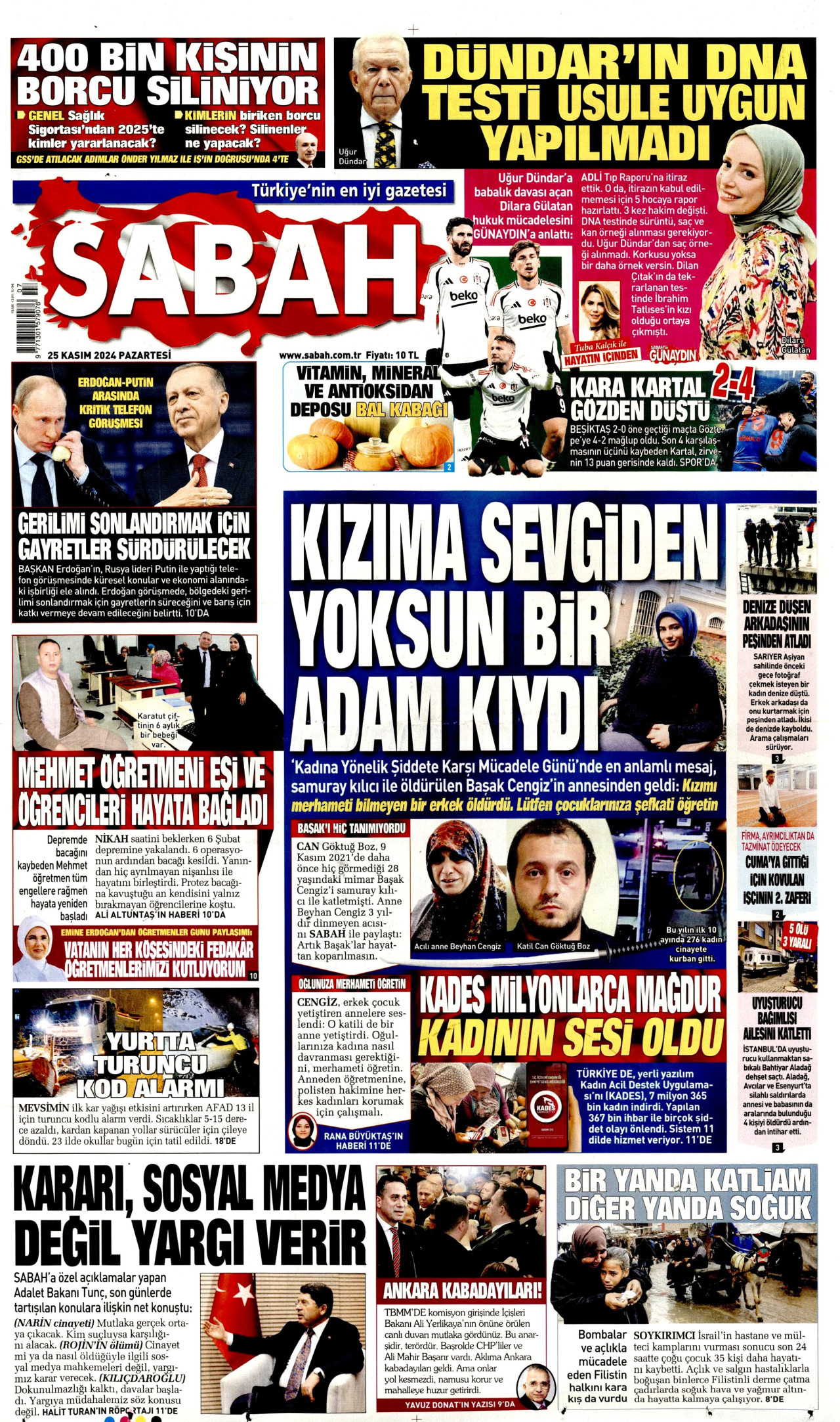 SABAH gazetesinin 25 Kasım 2024 tarihli birinci sayfası