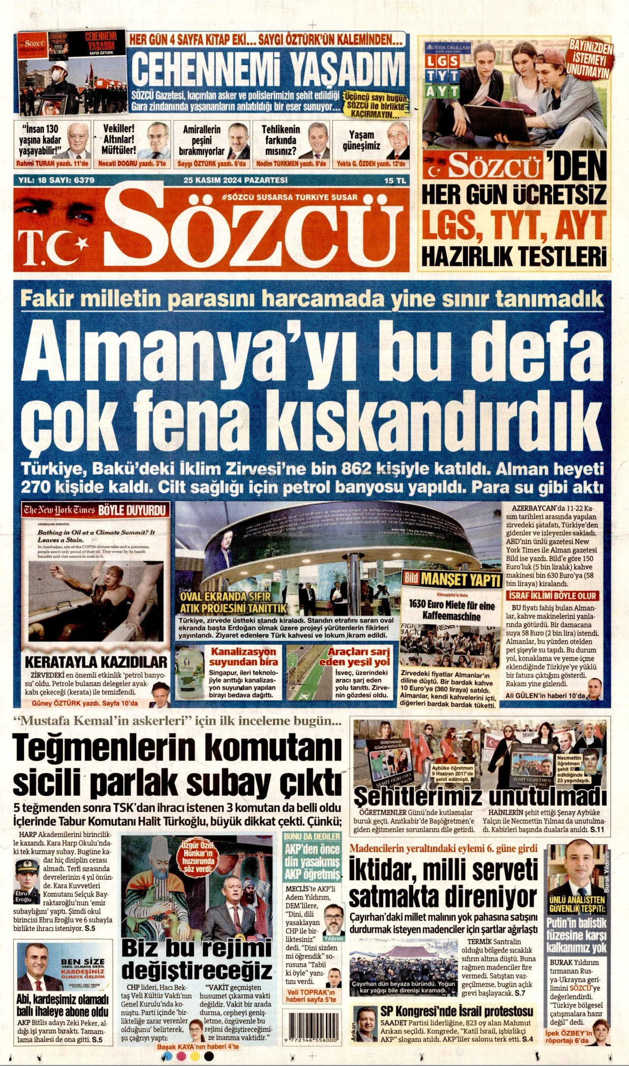 SÖZCÜ gazetesinin 25 Kasım 2024 tarihli birinci sayfası