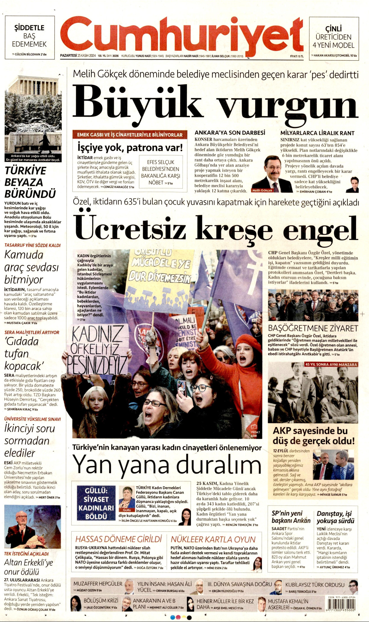 CUMHURİYET gazetesinin 25 Kasım 2024 tarihli birinci sayfası