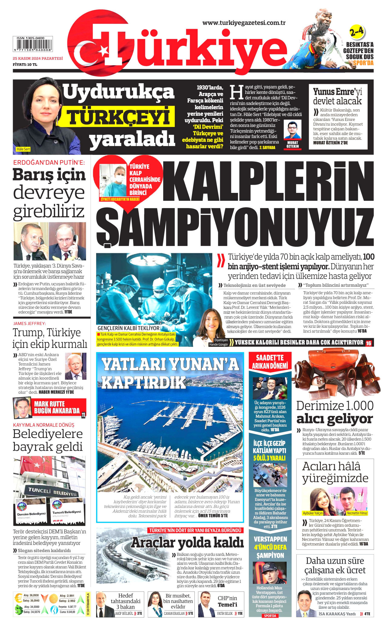 TÜRKİYE GAZETESİ gazetesinin 25 Kasım 2024 tarihli birinci sayfası
