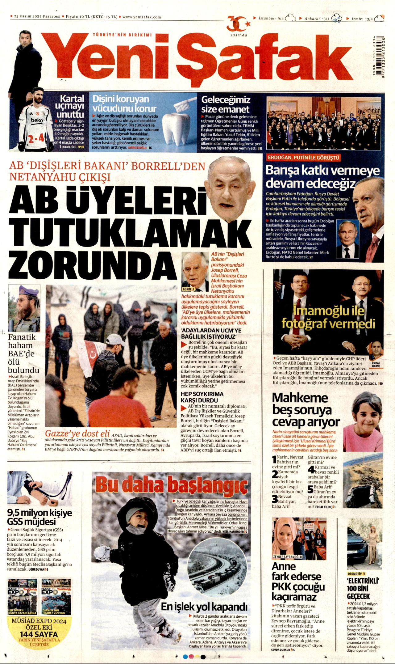 YENİ ŞAFAK gazetesinin 25 Kasım 2024 tarihli birinci sayfası