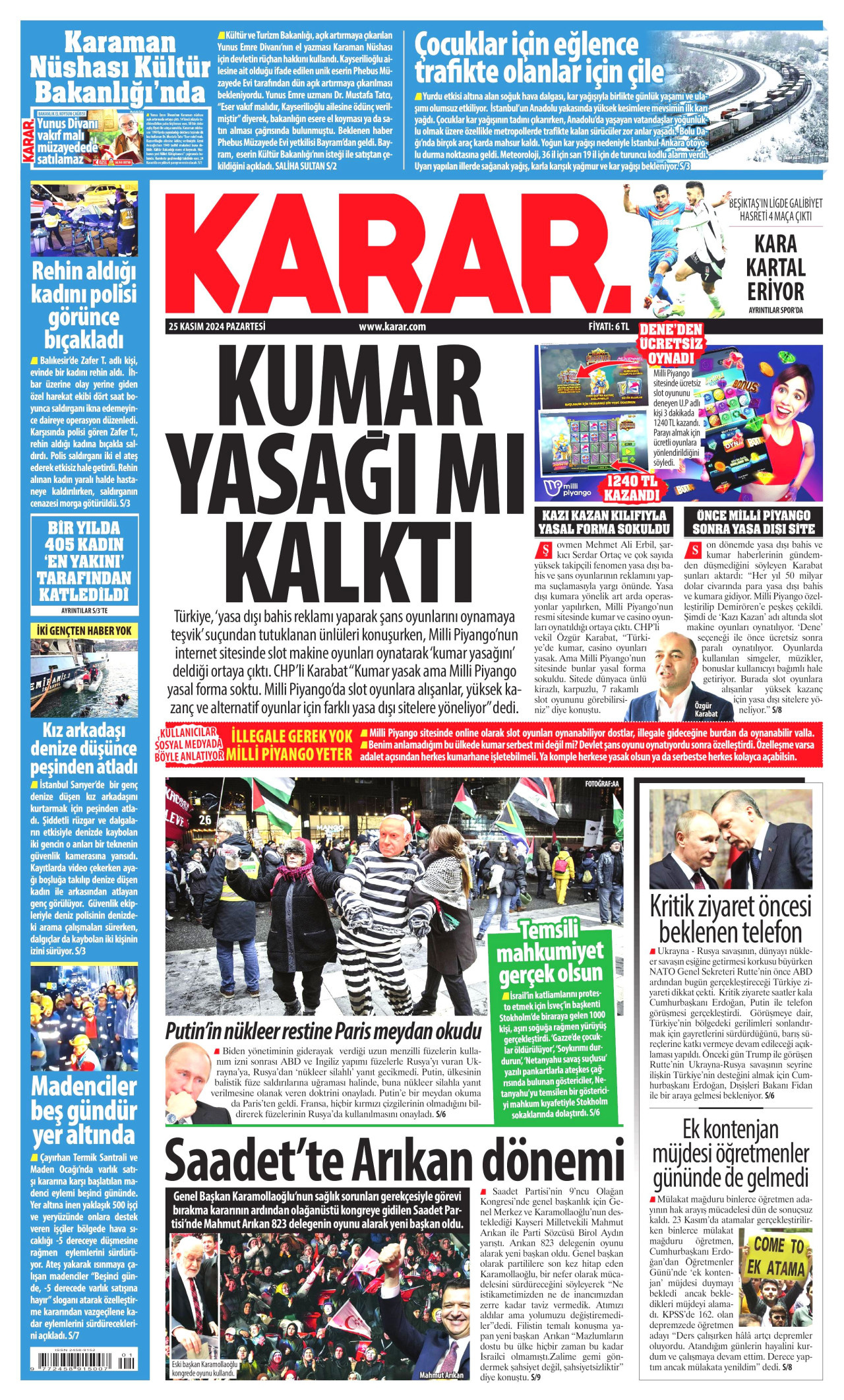 KARAR gazetesinin 25 Kasım 2024 tarihli birinci sayfası
