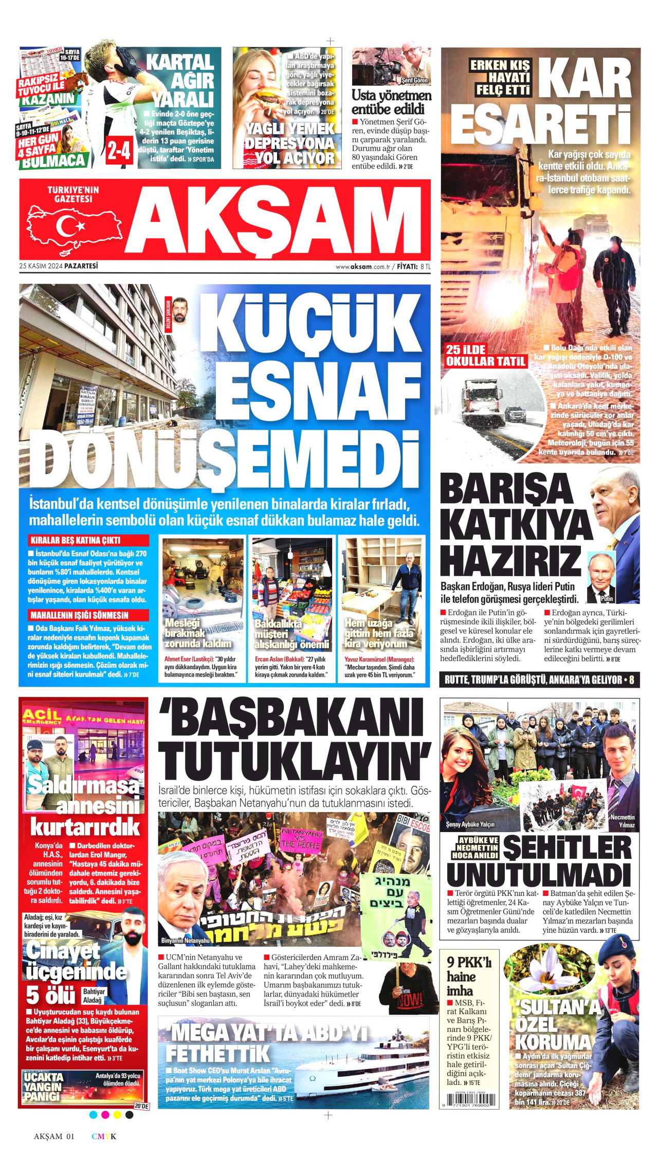 AKŞAM gazetesinin 25 Kasım 2024 tarihli birinci sayfası