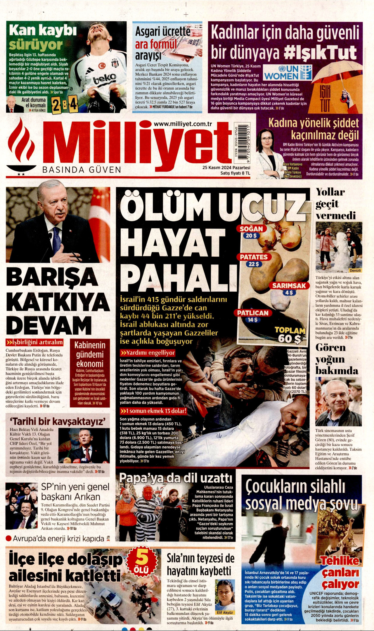 MİLLİYET gazetesinin 25 Kasım 2024 tarihli birinci sayfası