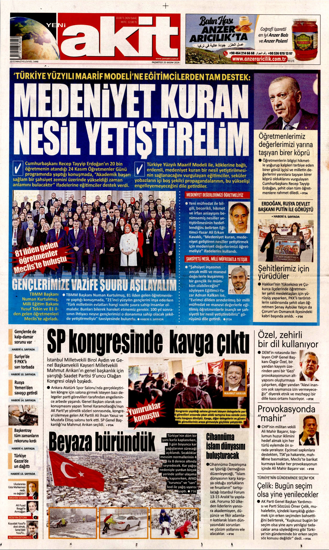 YENİ AKİT gazetesinin 25 Kasım 2024 tarihli birinci sayfası