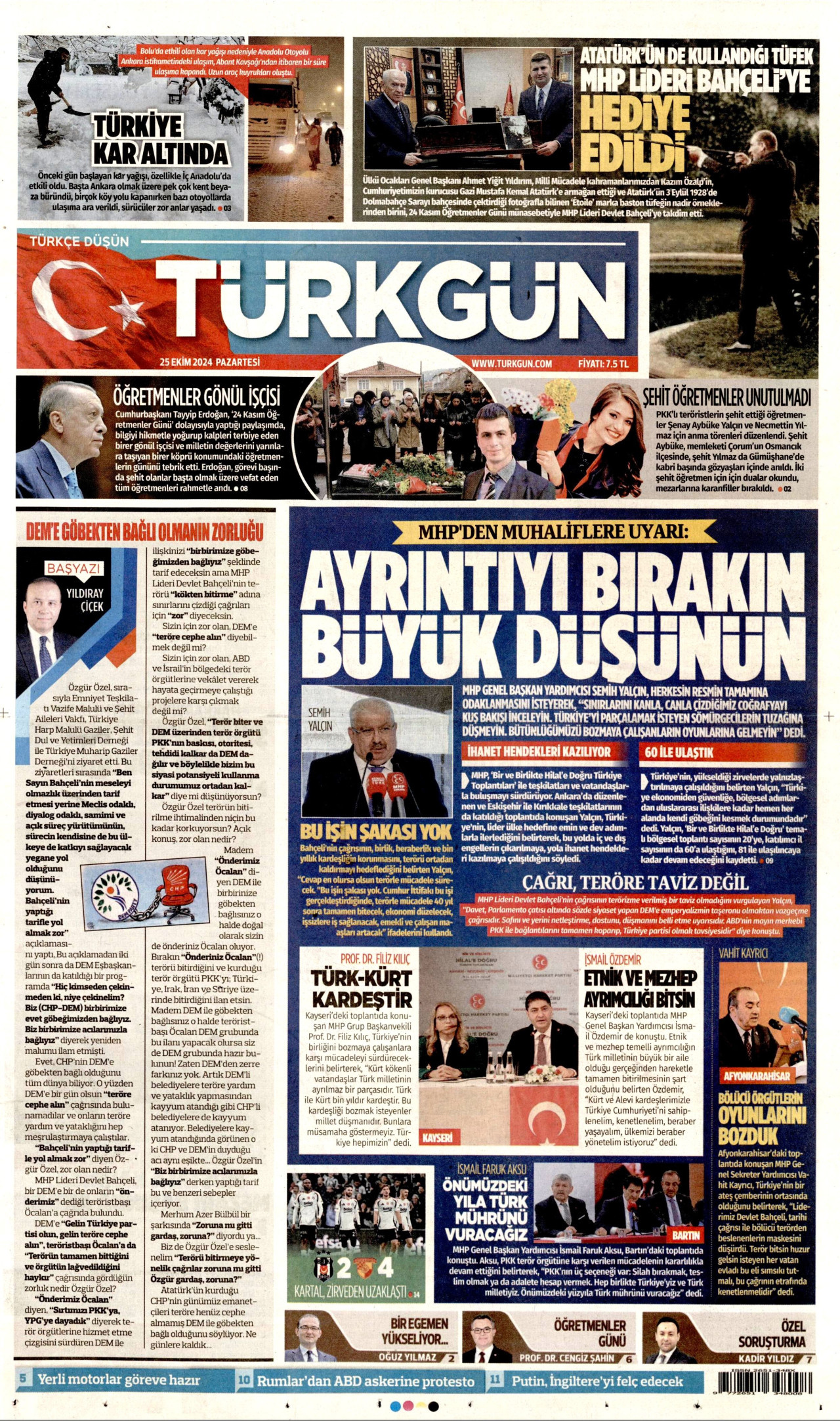 TÜRKGÜN gazetesinin 25 Kasım 2024 tarihli birinci sayfası